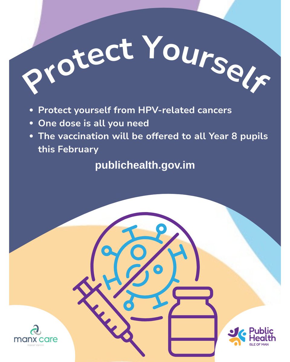 PublicHealthIOM's tweet photo. Manx Care will be offering the HPV vaccine to Year 8 children in the Isle of Man this February-March. Look out for the consent form from your child’s school or the Department of Education for those homeschooled.
Find out more at https://t.co/fqM1ELB9Ft
#hpv #reducecancer https://t.co/wD039YYJVw