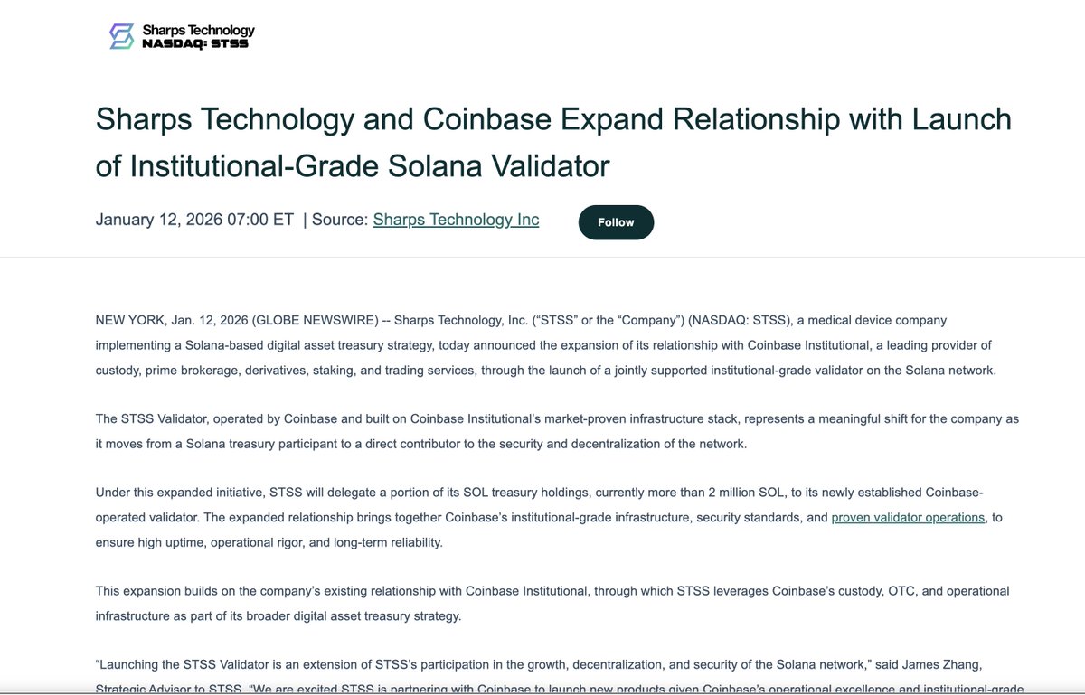Sharps Technology @stsssol and @coinbase Expand Relationship with Launch of  Institutional-Grade @solana Validator NEW YORK, Jan. 12, 2026 (GLOBE  NEWSWIRE) -- Sharps Technology, Inc. (“STSS” or the “Company”) (NASDAQ: STSS),  a medical