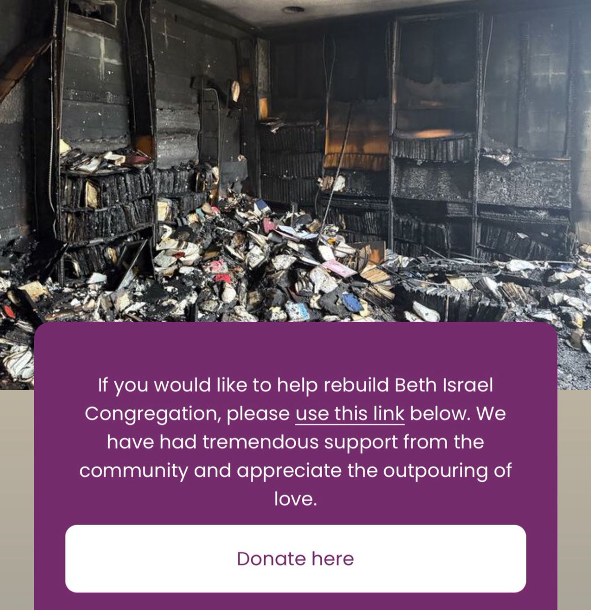 yashar's tweet photo. Beth Israel in Mississippi has a link up for donations to help it rebuild after an arson attack. 

This is the second time Beth Israel has been attacked, the first time was by the KKK in 1967. 

Donation Link: https://t.co/YYOJ1q8kaL https://t.co/lZwe0RTl7d