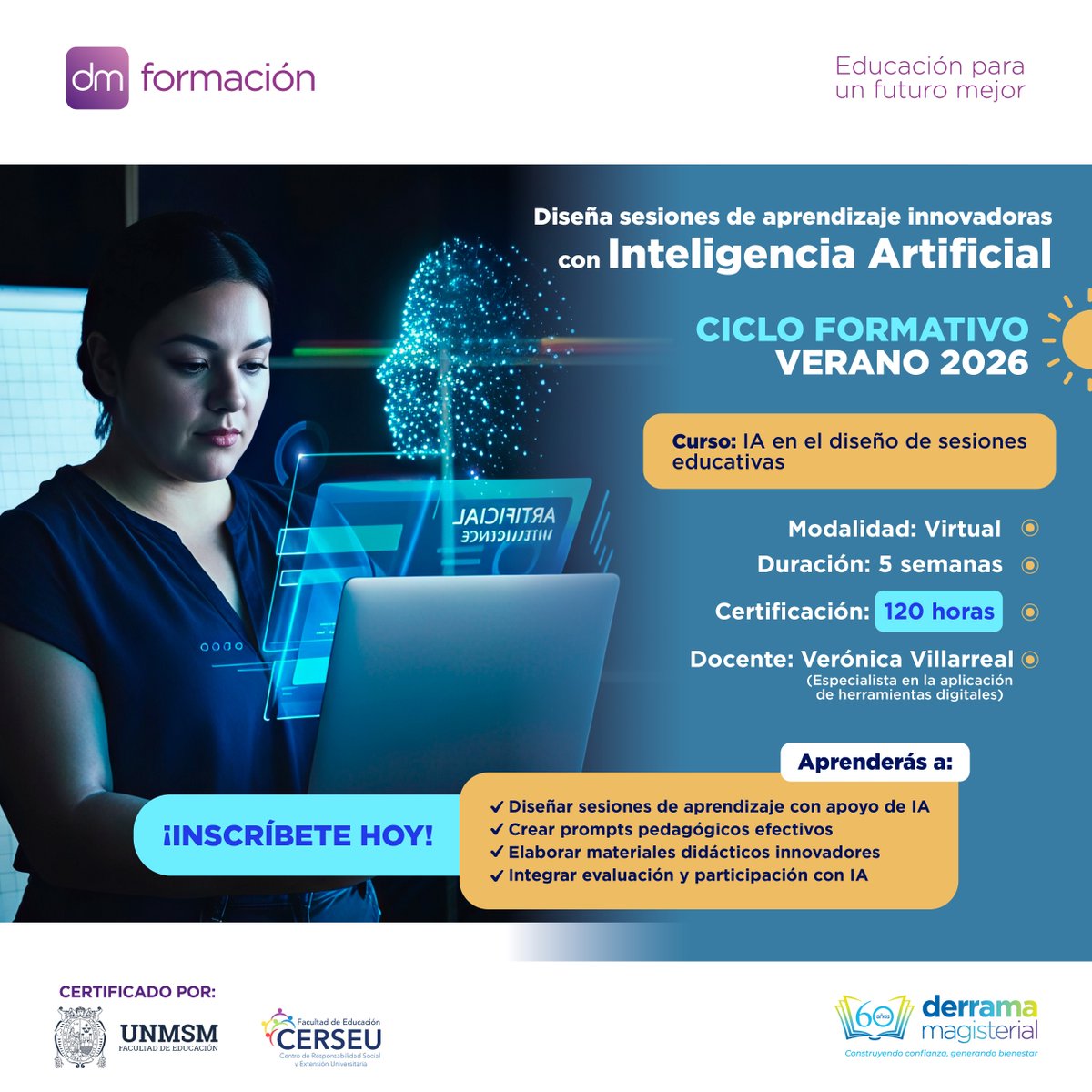 La inteligencia artificial 🤖 ya es parte del aula. En el Ciclo Formativo de Verano 2026 ☀️ aprende a planificar 🗂️, crear materiales 🎨 y evaluar 📊 con IA de forma ética ⚖️ y pertinente 🎯.
Potencia tu práctica docente. 📲👉 wa.me/51945745778