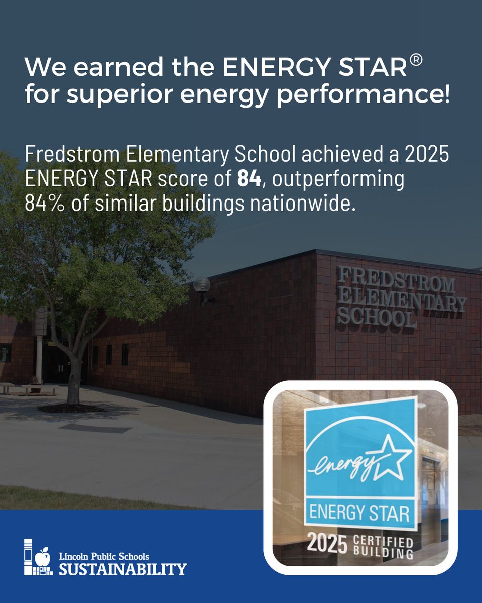 FredstromLPS's tweet photo. Fredstrom Elementary School earned the @ENERGYSTAR for the fourth year in a row! Our building prevented over 140 metric tons of greenhouse gas emissions compared to the national median. That’s like keeping 33 cars off the road for a whole year!
Learn more: https://t.co/kyjszlyEuI https://t.co/LSgVMLweyX