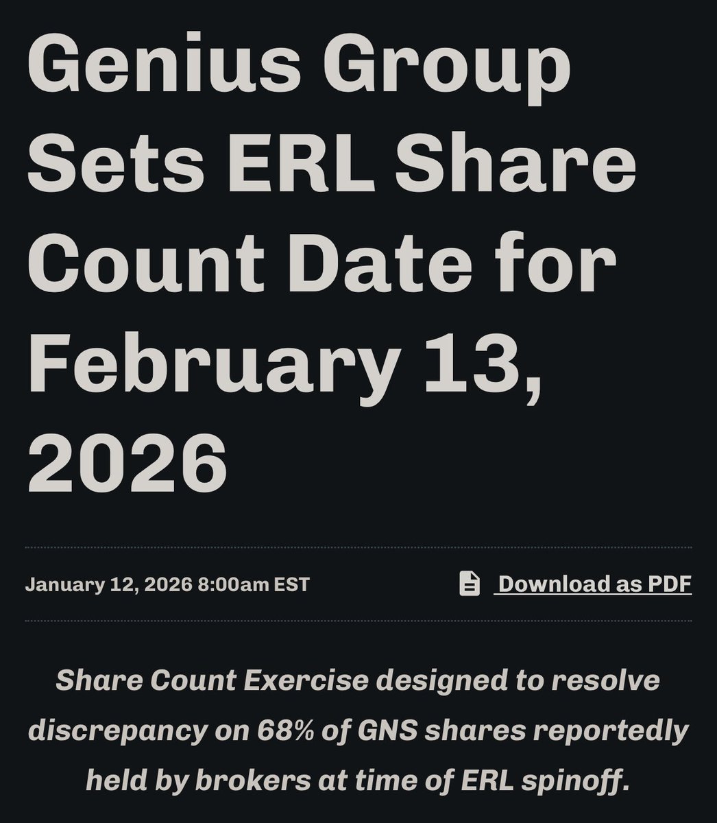 rogerhamilton's tweet photo. Latest $GNS news - SINGAPORE, Jan. 12, 2026 (GLOBE NEWSWIRE) -- Genius Group Limited (NYSE American: GNS) (“Genius Group”, “GNS” or the “Company”), a leading AI-powered, Bitcoin-first education group, today announced that it has set a share count date for February 13, 2026, related to Genius Group shares associated with the Company’s Asset Purchase Agreement (“APA”) with Entrepreneur Resorts Ltd (“ERL”).

The Company believes that the Share Count will have a positive impact for current Genius Group shareholders and ERL shareholders for the following two reasons:

(1) Resolution of the 68% discrepancy of GNS shares reportedly held by brokers according to the Depository Trust & Clearing Corporation (“DTCC”): 

Out of the total of 50 million GNS shares to be distributed to ERL shareholders as part of the APA, there is currently a significant discrepancy of 68% between the 54.4 million GNS shares reportedly held by brokers according to the DTCC at the time of the spin-off share count date in August 2023, and the 17.4 million GNS shares verified to be owned by Genius Group investors via brokers at the time of the spin-off share count date, with the remaining 37.0 million GNS shares currently unaccounted for. 

The Share Count Exercise is designed to resolve this discrepancy.

(2) An increase of up to 726% participation in the Company’s Bitcoin Loyalty Payment Program: 

Out of the total of 50 million GNS shares to be distributed to ERL shareholders as part of the APA, there is currently 16.7 million shares whose ownership has been verified against GNS investors (excluding the Company and insiders). 

Following the Share Count Date of February 13, 2026, these 16.7 million shares are automatically being added to the Company’s Bitcoin Loyalty Payment Program, increasing the number of shares in the program by 726% from 2.3 million to 19.0 million GNS shares. 

Investors may voluntarily withdraw from the program and forfeit the $0.10 per share bonus at any time between February 13 to May 28, 2026, so the final number of qualifying shares may be lower by the end of May 2026 depending on withdrawals.