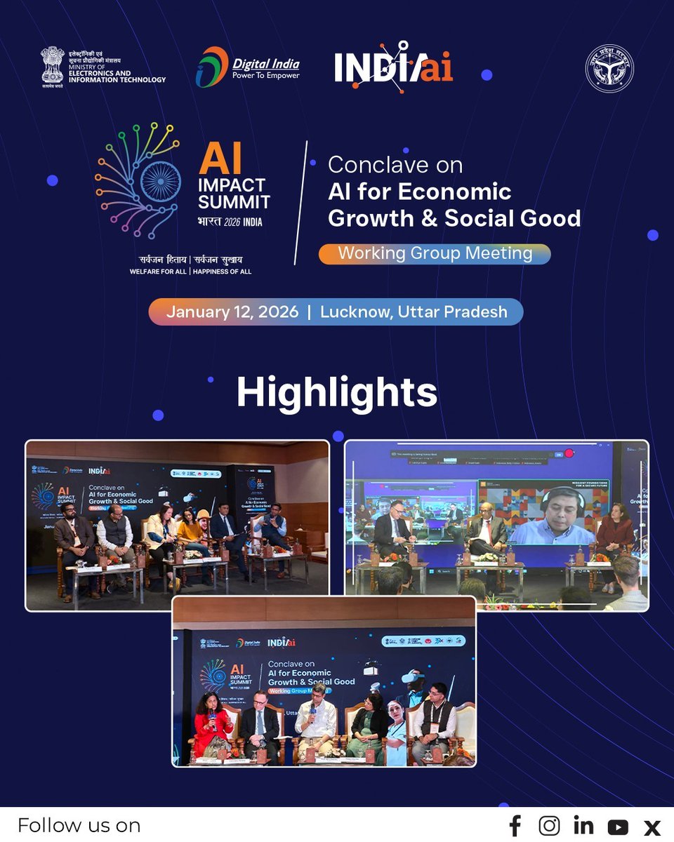 OfficialINDIAai's tweet photo. That’s a wrap from the 'Hybrid Meeting of the AI for Economic Growth and Social Good Working Group' in Lucknow. The discussions brought together key stakeholders from government, industry, and academia, with a strong focus on enhancing AI adoption across sectors, making it more inclusive, and driving the best economic outcomes.

The outcomes from these sessions will be taken forward and discussed further at the India AI Impact Summit 2026.

#IndiaAIImpactSummit2026 #ResponsibleAI #PeoplePlanetProgress

@PMOIndia @AshwiniVaishnaw @jitinprasada @PIB_India @SecretaryMEITY @abhish18 @kavitabha @GoI_MeitY @DigitalIndia @mygovindia @abhish18 @debjani_ghosh @HarryVerweij @IASshashank10 @NitinInTheory @madanpadaki @poojasgoyal @suhelbidani @amlanjo @kirti_pandey @WadhwaniAI