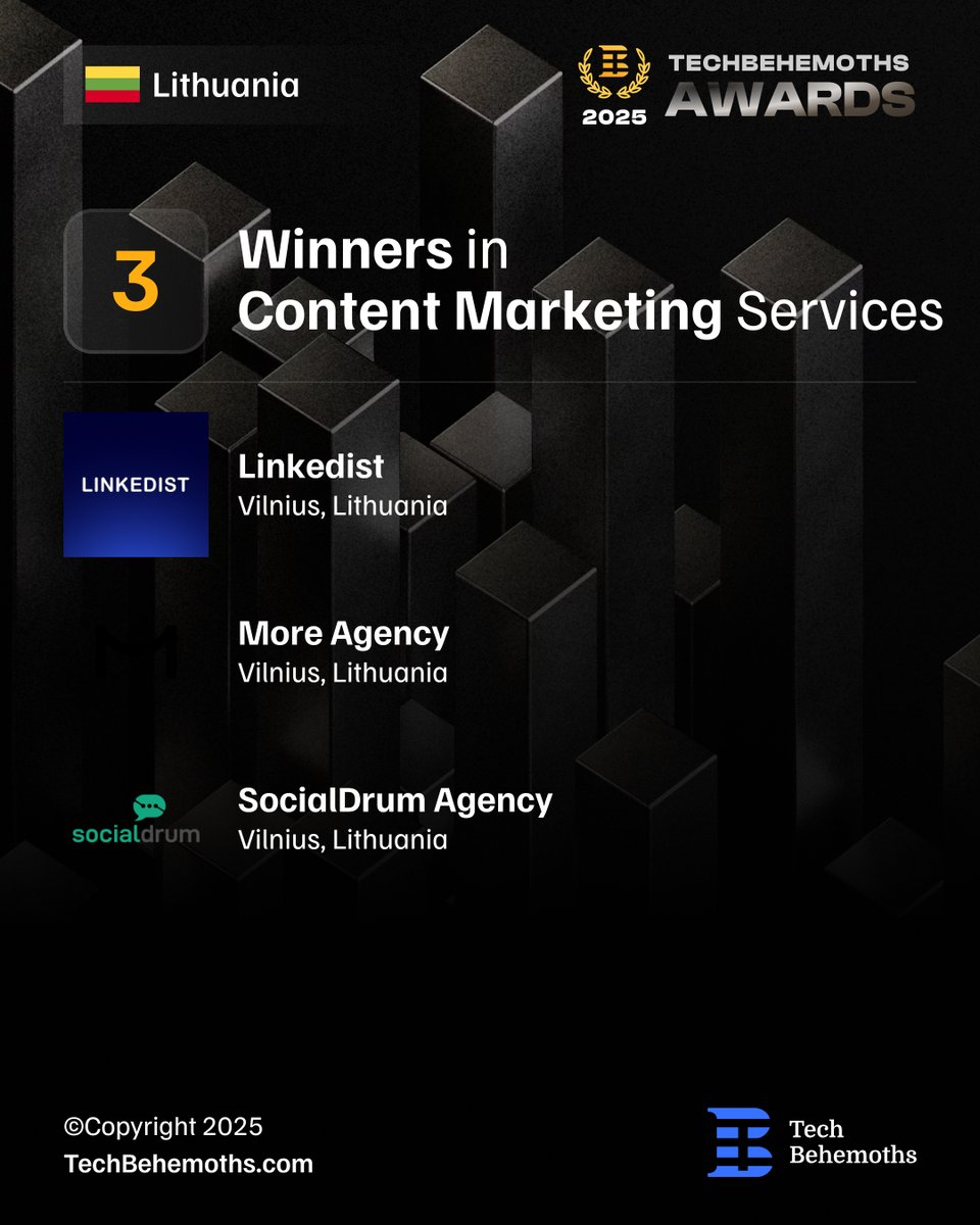 TechBehemoths's tweet photo. 🇱🇹 Lithuania at the #TechBehemothsAwards2025!

13 companies across 15 IT services are transforming challenges into digital solutions that actually move businesses forward. From agile web agencies to innovative software studios, Lithuania’s tech scene is proving its resilience and creativity.

🏆 Winners making waves:
@linkedist 
@SocialDrum 
@evolvery_io 
@DigitalStar95 
@ReverbtimeMag 
@MobileXapps 
@softteco 
@CivittaX 
Attico International 
More Agency
Neat Digital
andstudio
Navus

🌐 Full stories and winners: https://t.co/N6RLriJAhE

#TechBehemoths #Lithuania #DigitalTransformation #InnovationInAction #Awards2025