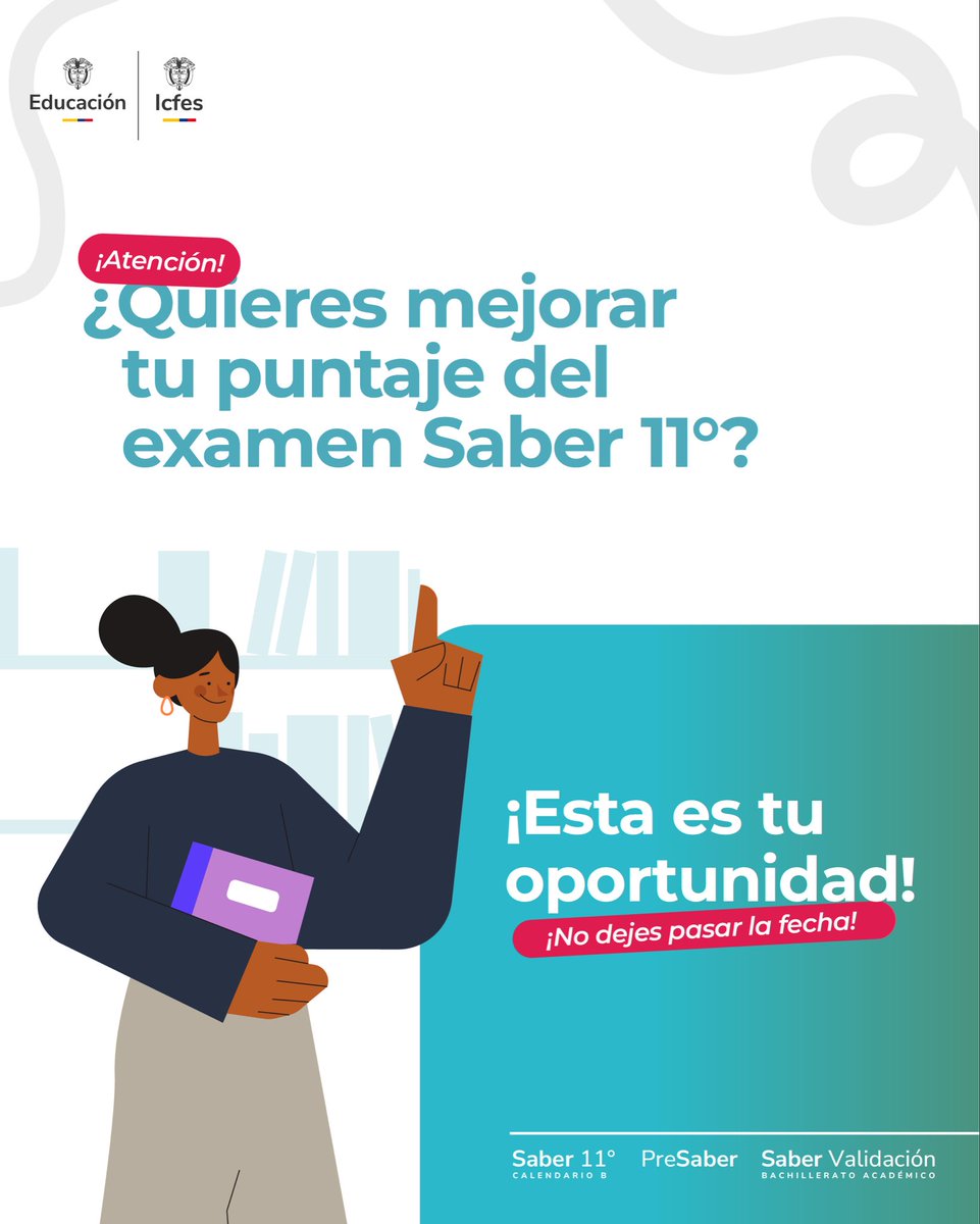 ICFEScol's tweet photo. ¿Aún no te has inscrito para el examen Saber 11 calendario B? 🤔 ¡Quedan pocos días del registro ordinario! Solo debes ingresar a nuestra página web: https://t.co/j2bohpcQza y seguir las instrucciones.✨
#Saber11 #PreSaber #Validación https://t.co/ooIOzA8ImD
