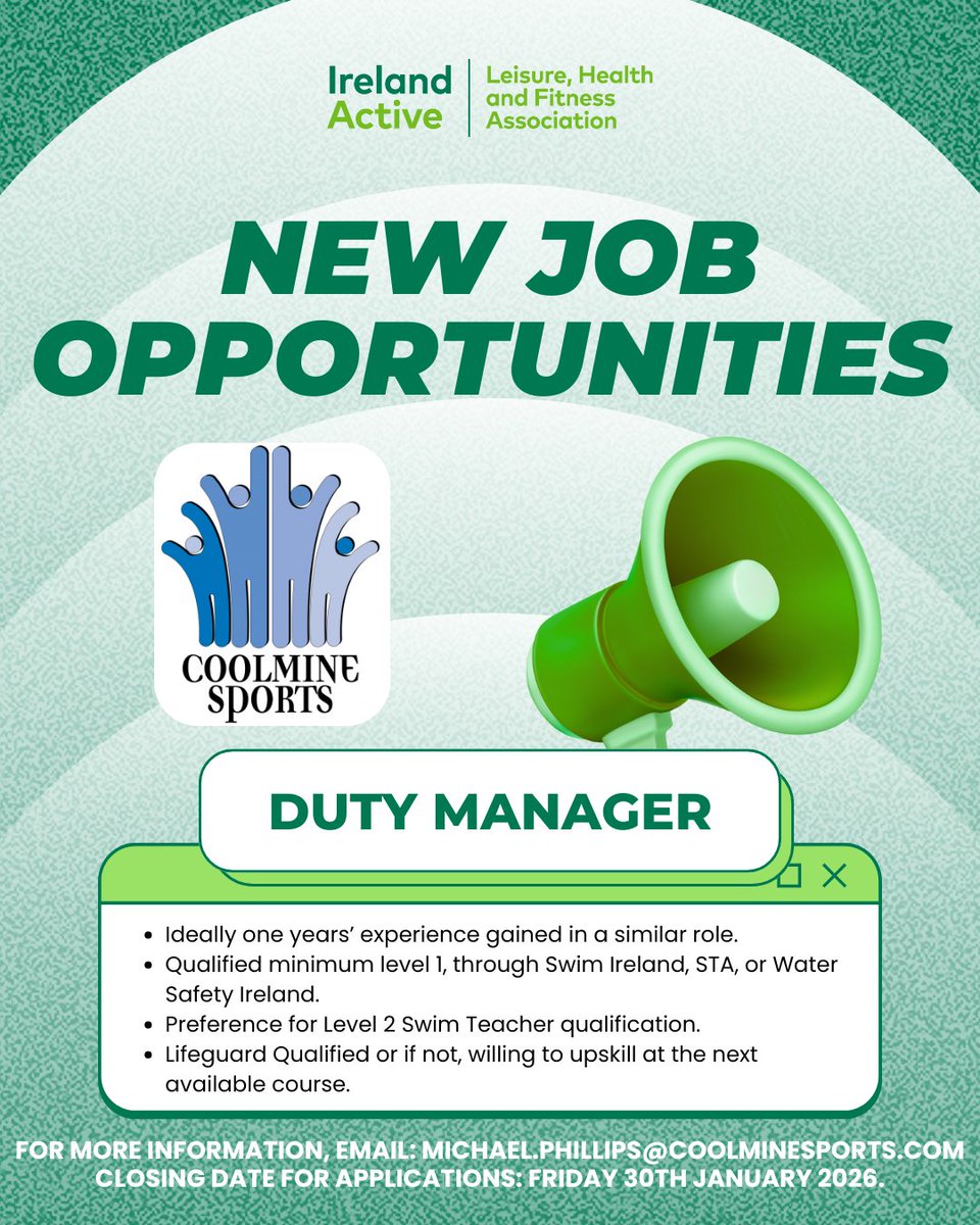 irelandactive's tweet photo. Coolmine Sports Centre is recruiting a Duty Manager to support the day-to-day operation of a busy community sports facility.

Full job details:
https://t.co/uy6veEf6PS https://t.co/rh00iYeN7n