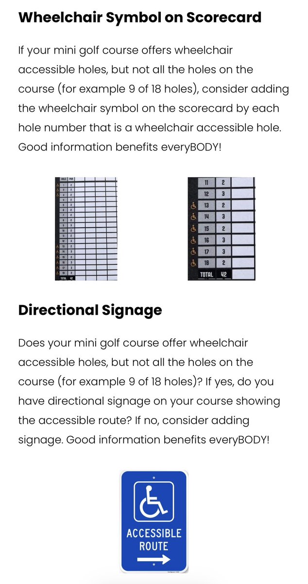 AccessMiniGolf's tweet image. Happy #MiniGolfMonday!

Checkout the “Accessibility” page on our website for ideas &amp;amp; info on how to improve the level of accessibility to your mini golf course &amp;amp; website/social media. 

An accessible course is great, but do people know about it?

accessminigolf.com/accessibility ♿️⛳️