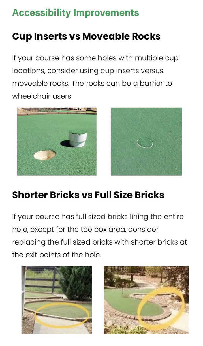 AccessMiniGolf's tweet image. Happy #MiniGolfMonday!

Checkout the “Accessibility” page on our website for ideas &amp;amp; info on how to improve the level of accessibility to your mini golf course &amp;amp; website/social media. 

An accessible course is great, but do people know about it?

accessminigolf.com/accessibility ♿️⛳️