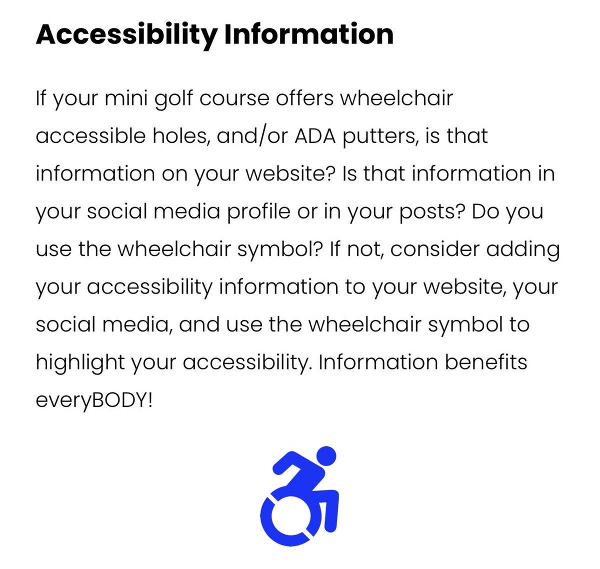 AccessMiniGolf's tweet image. Happy #MiniGolfMonday!

Checkout the “Accessibility” page on our website for ideas &amp;amp; info on how to improve the level of accessibility to your mini golf course &amp;amp; website/social media. 

An accessible course is great, but do people know about it?

accessminigolf.com/accessibility ♿️⛳️