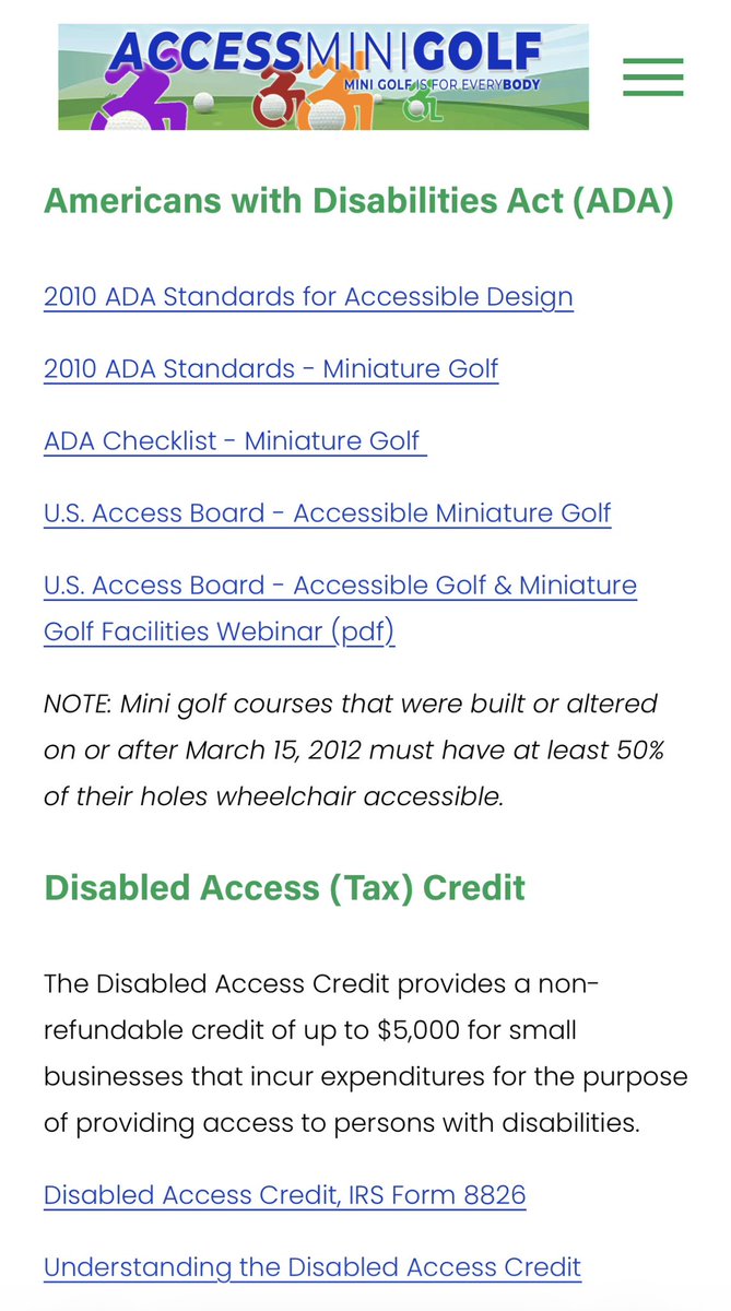 AccessMiniGolf's tweet image. Happy #MiniGolfMonday!

Checkout the “Accessibility” page on our website for ideas &amp;amp; info on how to improve the level of accessibility to your mini golf course &amp;amp; website/social media. 

An accessible course is great, but do people know about it?

accessminigolf.com/accessibility ♿️⛳️