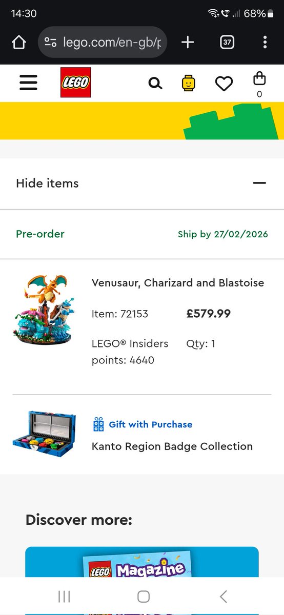 HorizonAsh's tweet photo. @pokemondealsuk Ordered mine, on lego insider points is effectively like 5% off. Going to be hard to get when released. And free gift is a great extra. https://t.co/PQcGiEf2eD