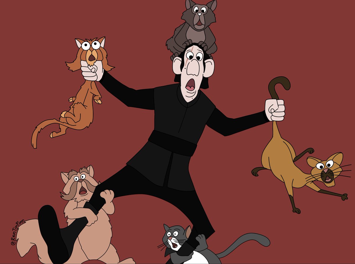 RenTinFinn's tweet photo. #Benuary Day 12

The Aristocats

Supreme Leader Kylo Ren seen here struggling to keep Millicent and her fleet in line. 🐈

#reyloevent2026
#ReyloArt https://t.co/DWQqqWEwcP