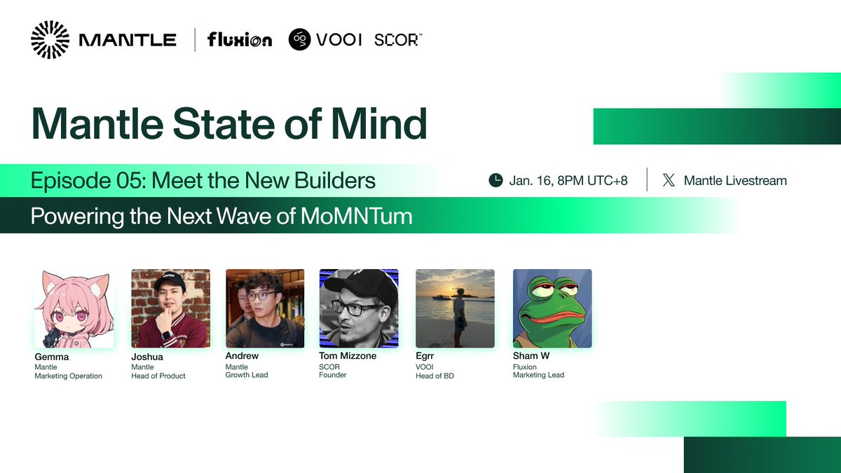 Mantle_Official's tweet photo. Mantle State of Mind returns with Ep. 05, our first townhall of 2026, live on 𝕏.

Meet the latest builders shaping the next wave of MoMNTum on Mantle, with [REDACTED] to be rewarded for selected attendees.

🗓 Jan. 16, 8PM UTC+8 (EN)

Lock in, you won't want to miss this. https://t.co/HJ1IsK1Q6v
