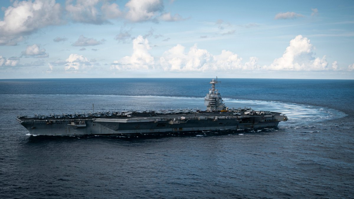 Southcom's tweet image. The world’s largest aircraft carrier, USS Gerald R. Ford, and the amphibious warships USS Iwo Jima, USS Fort Lauderdale and USS San Antonio remain deployed in the Western Hemisphere. The Marines and Sailors on these lethal platforms stand ready to support @dhs_gov, @statedept and…