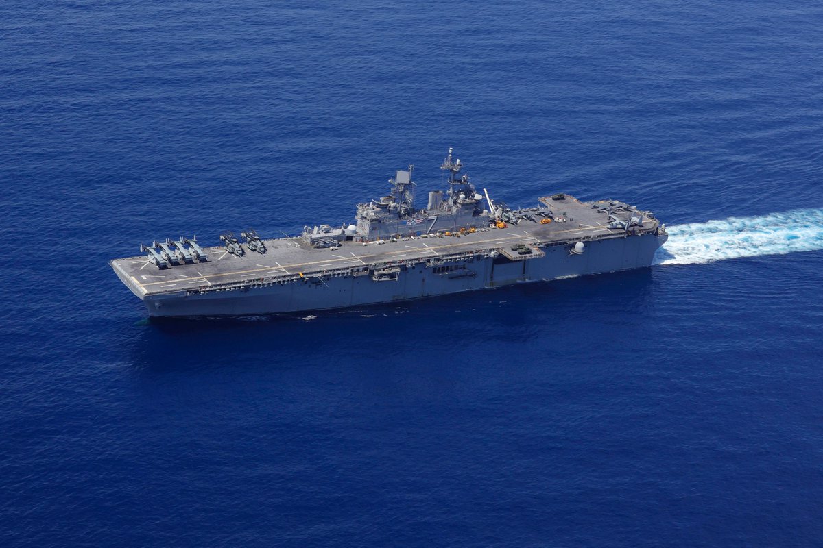 Southcom's tweet image. The world’s largest aircraft carrier, USS Gerald R. Ford, and the amphibious warships USS Iwo Jima, USS Fort Lauderdale and USS San Antonio remain deployed in the Western Hemisphere. The Marines and Sailors on these lethal platforms stand ready to support @dhs_gov, @statedept and…