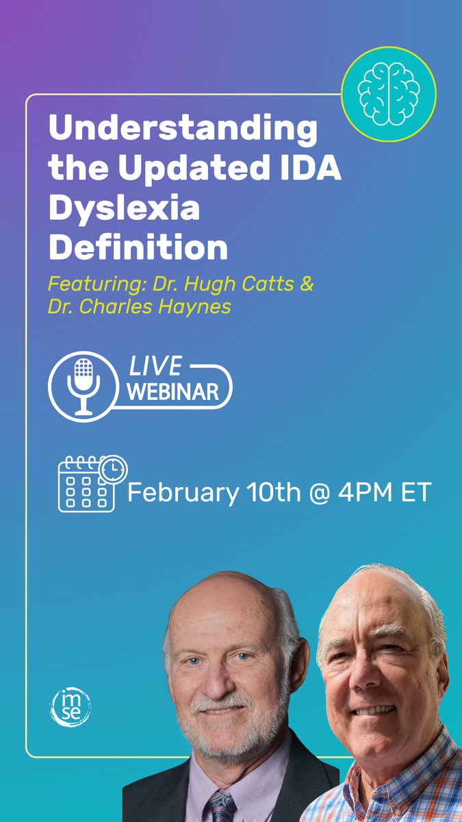 IMSEOG's tweet image. Free Webinar!
Understanding the Updated IDA Dyslexia Definition Featuring: Dr. Hugh Catts &amp;amp; Dr. Charles Haynes

Register Today! imse.com/videos-and-web… #freewebinar #saydyslexia #IDA #Dyslexia