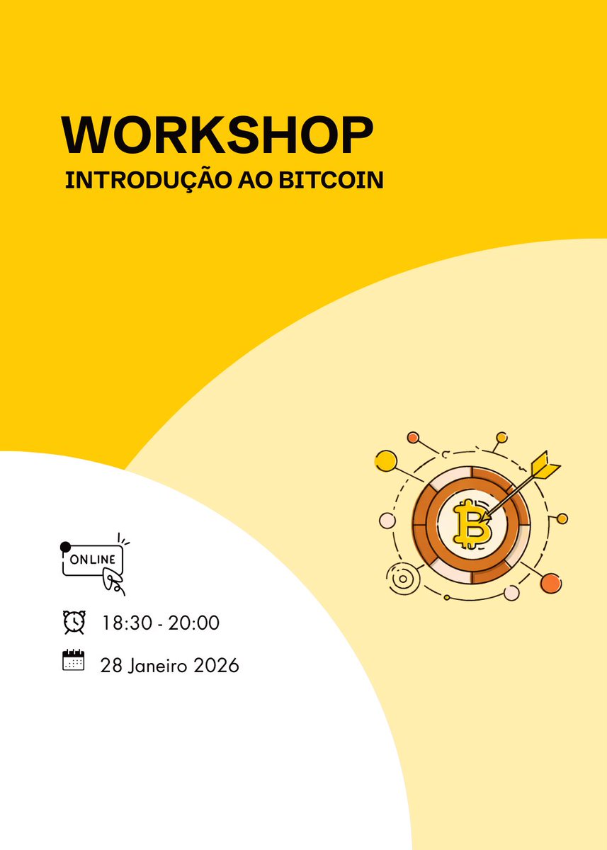 FREEMadeiraOrg's tweet photo. Começamos o ano com o essencial: dois workshops online para entender Bitcoin, do conceito ao funcionamento.
🔗 https://t.co/kFPeKRBMmk

1. 𝙄𝙣𝙩𝙧𝙤𝙙𝙪𝙘̧𝙖̃𝙤 𝙖𝙤 𝘽𝙞𝙩𝙘𝙤𝙞𝙣
Este workshop apresenta Bitcoin como dinheiro. Exploramos a importância do dinheiro, a sua origem e evolução, e como Bitcoin representa o futuro do mesmo.

📅 28 de janeiro (quarta-feira)
⏰ 18:30 – 20:00
💻 Online
👤 Formador: Henrique
15€ (inclui um código de desconto de 10% em livros)

2. 𝙄𝙣𝙩𝙧𝙤𝙙𝙪𝙘̧𝙖̃𝙤 𝙖𝙤 𝙡𝙖𝙙𝙤 𝙩𝙚́𝙘𝙣𝙞𝙘𝙤 𝙙𝙤 𝘽𝙞𝙩𝙘𝙤𝙞𝙣
Este workshop é recomendado para quem queira entender os mecanismos que garantem segurança, escassez e o funcionamento descentralizado do Bitcoin.

📅 4 de fevereiro (quarta-feira)
⏰ 18:30 – 20:00
💻 Online
👤 Formador: Henrique
15€ (inclui um código de desconto de 10% em livros)

Informações adicionais:

- Estes workshops são complementares e, se tiveres disponibilidade, aconselhamos que te inscrevas nos dois. No final destas duas sessões, ficarás a saber como o dinheiro evoluiu até às moedas fiduciárias, quais os seus problemas e como Bitcoin pode ser a solução. Serás também capaz de usar bitcoin para poupanças e pagamentos do dia-a-dia

Condições de participação:

- Inscrição e pagamento prévios
- A inscrição só é considerada válida após confirmação do pagamento
- O valor de participação é de 15€ por workshop ou 20€ no conjunto dos dois

Material necessário
- Equipamento com acesso à internet para acompanhar a sessão em tempo real
- Smartphone (necessário para a componente prática)
- É obrigatória a utilização de câmara ligada durante os workshops

Para esclarecimento de dúvidas, contacta-nos através do email info@freemadeira.org
