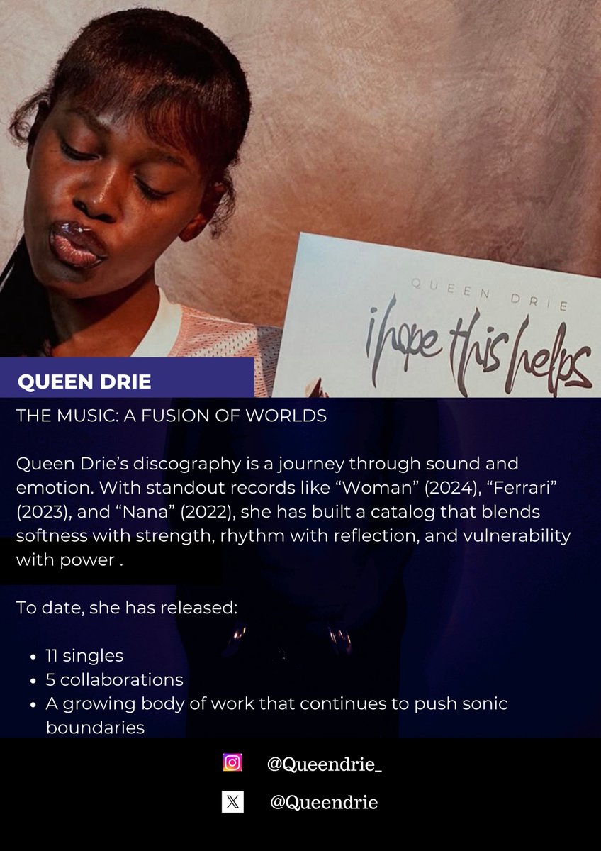 soundwavespot's tweet photo. 🚨@queendrie is the kind of artist the industry discovers late and regrets not finding sooner.

Chicago. Ghana. Afrofusion. Hip-Hop. Soul.
300K+ streams. Award winner. Global sound.

This week’s #SoundwaveSpotlight 🏆

#QueenDrie #NewMusic #EmergingArtists https://t.co/GiUnD8MUhr