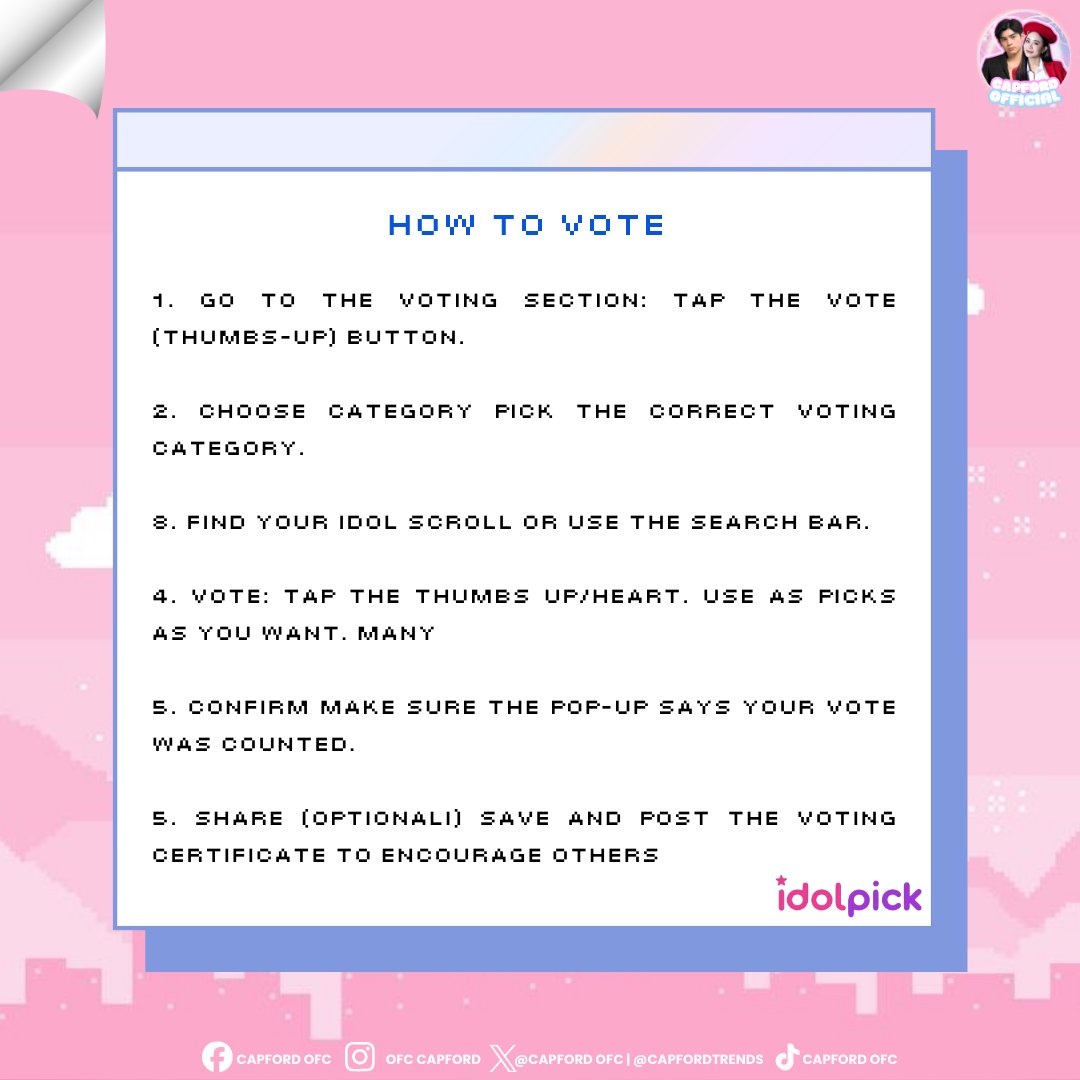 CapFordVT's tweet image. 📢Eclipce, this is what we’ve been waiting for!

CapFord is officially nominated on Idol Pick 
Let’s show up, and give our full support to our mains. Every single vote matters.🩷🩵

🗳️ How to vote:
Just follow the steps in the photo and make sure your vote goes through.
