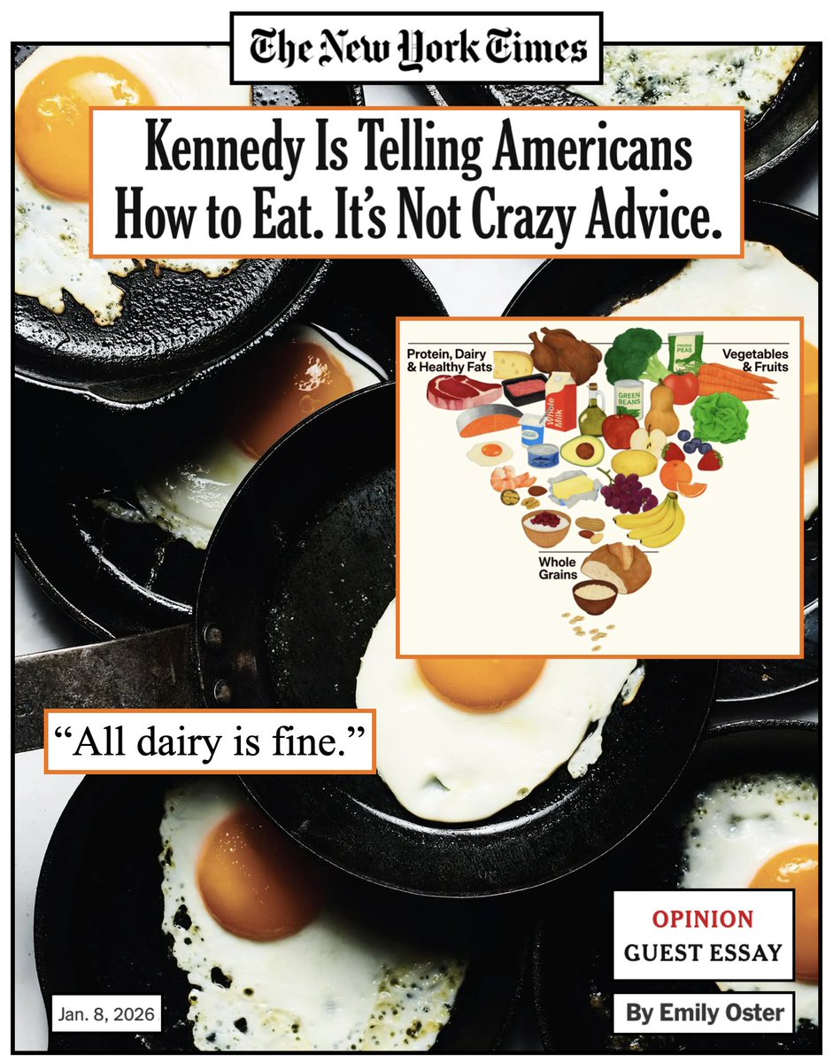 VegMediaWatch's tweet image. A @nytopinion columnist argues that RFK's dietary guidelines are "very sensible" despite the fact that they place beef, dairy and other animal products at the top of the food pyramid and downplay the importance of #plantbased protein. @ProfEmilyOster (who is an economist, not a…