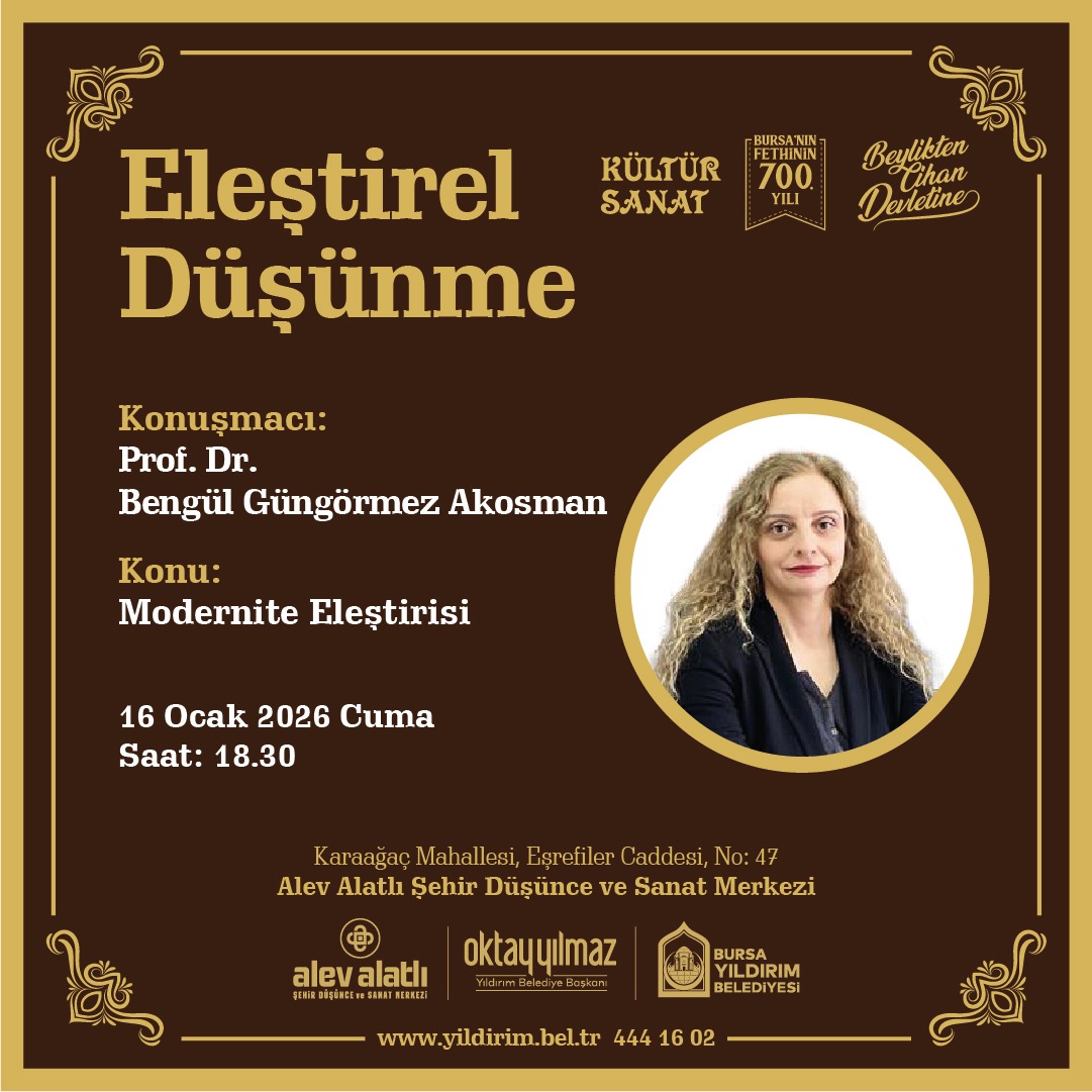Prof. Dr. Bengül Güngörmez Akosman ile "Modernite Eleştirisi" üzerine gerçekleştireceğimiz sohbette; modern çağın düşünce kalıplarını, görünmeyen yönlerini ve insanı nasıl yeniden tanımladığını eleştirel bir zeminde ele alacağız. Tüm hemşehrilerimizi bekliyoruz.