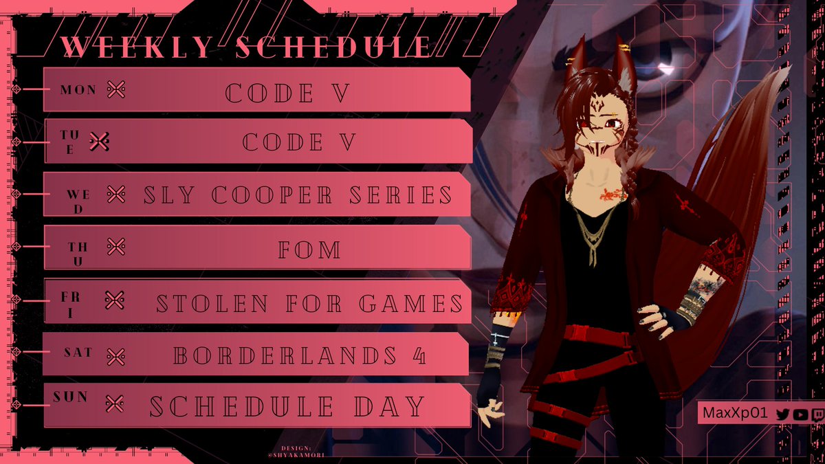 here is this weeks schedule since i forgot to post it last night lol. I will be trying to start stream almost as soon as I get home hopefully around 2pm mst but be prepared for stream to start either around then or closer to 5 pm depending on how busy work is today