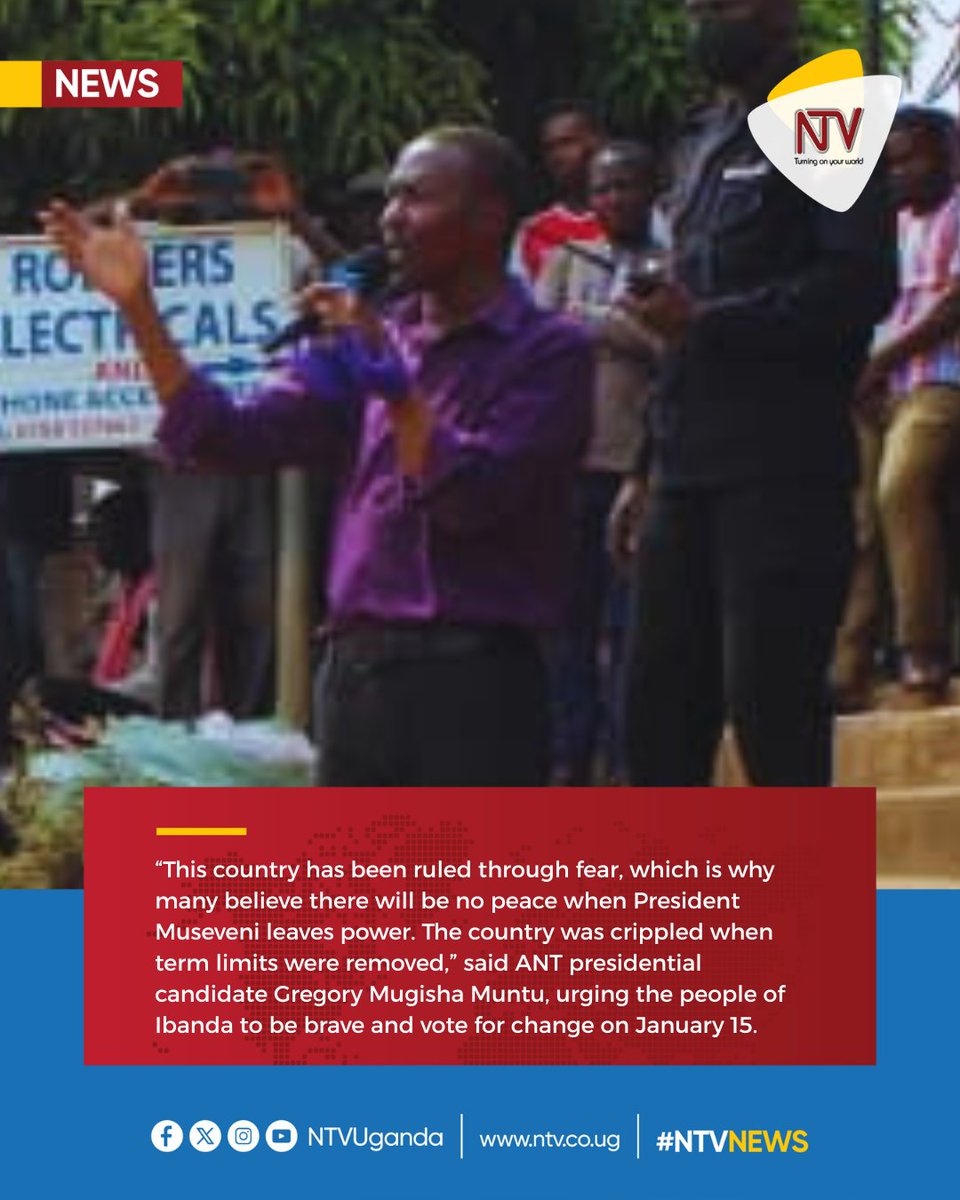 ntvuganda's tweet photo. “This country was bewitched, and the witch is watching us. During the time this government has been in power, it has created fear among  Ugandans. That is why many people believe that when President Museveni leaves power, there will be no peace. But if God decides to take him,  will he go with the country, or will he first ask God for another chance to fix it?  

Let me assure you that the country was crippled when term limits were removed. I urge the people of Ibanda to be brave and vote for change on  January 15,�� said  @TheAllianceUG presidential candidate Gregory Mugisha Muntu while addressing residents of Ibanda District. #NTVNews #UgandaDecides2026 

📸 Jovita Kyarisiima