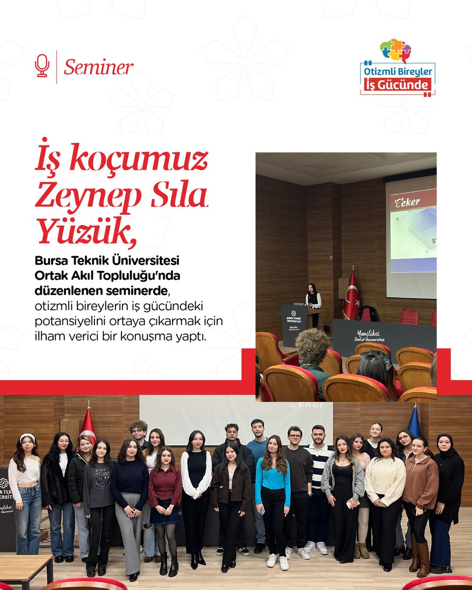 İş koçumuz Zeynep Sıla Yüzük, Bursa Teknik Üniversitesi Ortak Akıl Topluluğu seminerinde otizmli bireylerin iş gücüne katılımını ve Destekli İstihdam Modeli'ni detaylarıyla anlattı. 🔍