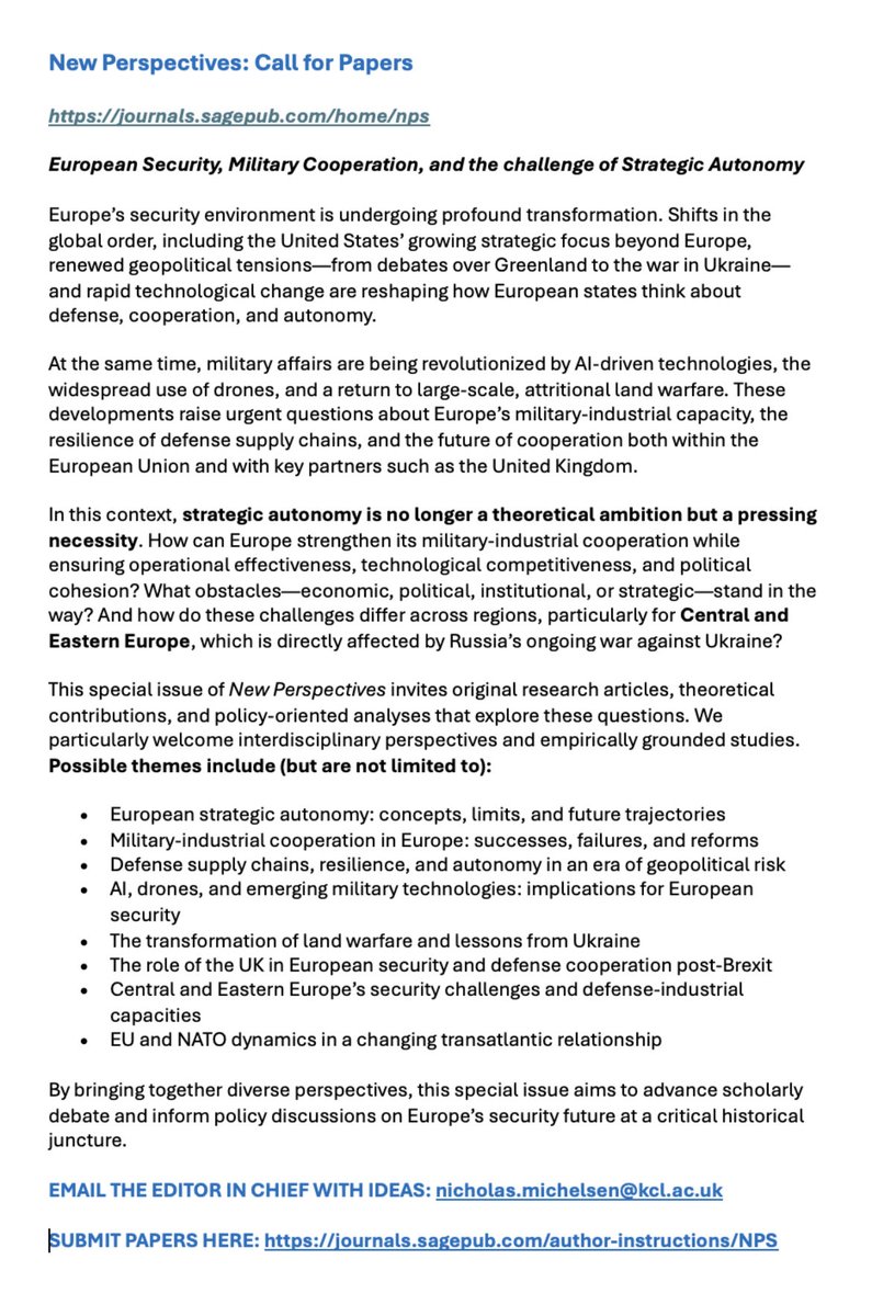 CEENewP's tweet photo. 📢 Call for Papers | Special Issue of New Perspectives
European Security, Military Cooperation &amp; Strategic Autonomy
How can Europe strengthen defense cooperation amid war in Ukraine, shifting US priorities, AI-driven warfare, and supply-chain risks? https://t.co/G6Rbv9D53v
