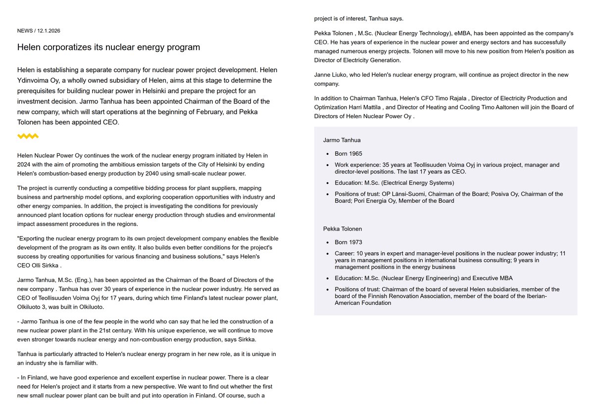 AnStra14's tweet image. 🇫🇮Finland / SMRs 

🚨Breaking: Helsinki's Helen launches Helen Ydinvoima Oy to accelerate ⚛️SMRs –  New firm will investigate potential of #nuclear power plants and prepare for investment decision for urban district heating. ❄️🔥
Finland's nuclear push continues!  #CleanHeat #SMR