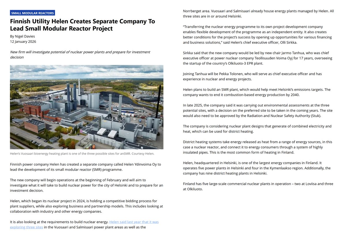 AnStra14's tweet image. 🇫🇮Finland / SMRs 

🚨Breaking: Helsinki's Helen launches Helen Ydinvoima Oy to accelerate ⚛️SMRs –  New firm will investigate potential of #nuclear power plants and prepare for investment decision for urban district heating. ❄️🔥
Finland's nuclear push continues!  #CleanHeat #SMR