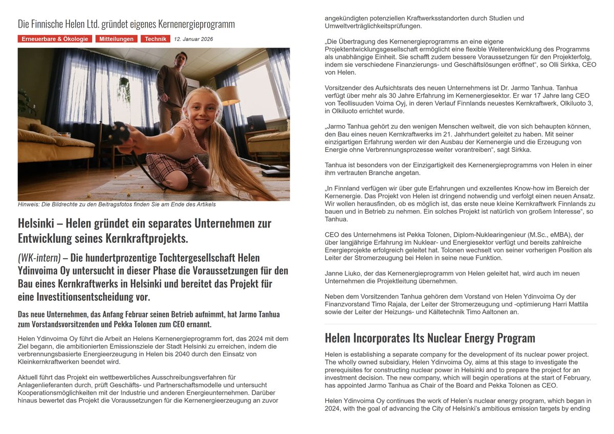 AnStra14's tweet image. 🇫🇮Finland / SMRs 

🚨Breaking: Helsinki's Helen launches Helen Ydinvoima Oy to accelerate ⚛️SMRs –  New firm will investigate potential of #nuclear power plants and prepare for investment decision for urban district heating. ❄️🔥
Finland's nuclear push continues!  #CleanHeat #SMR
