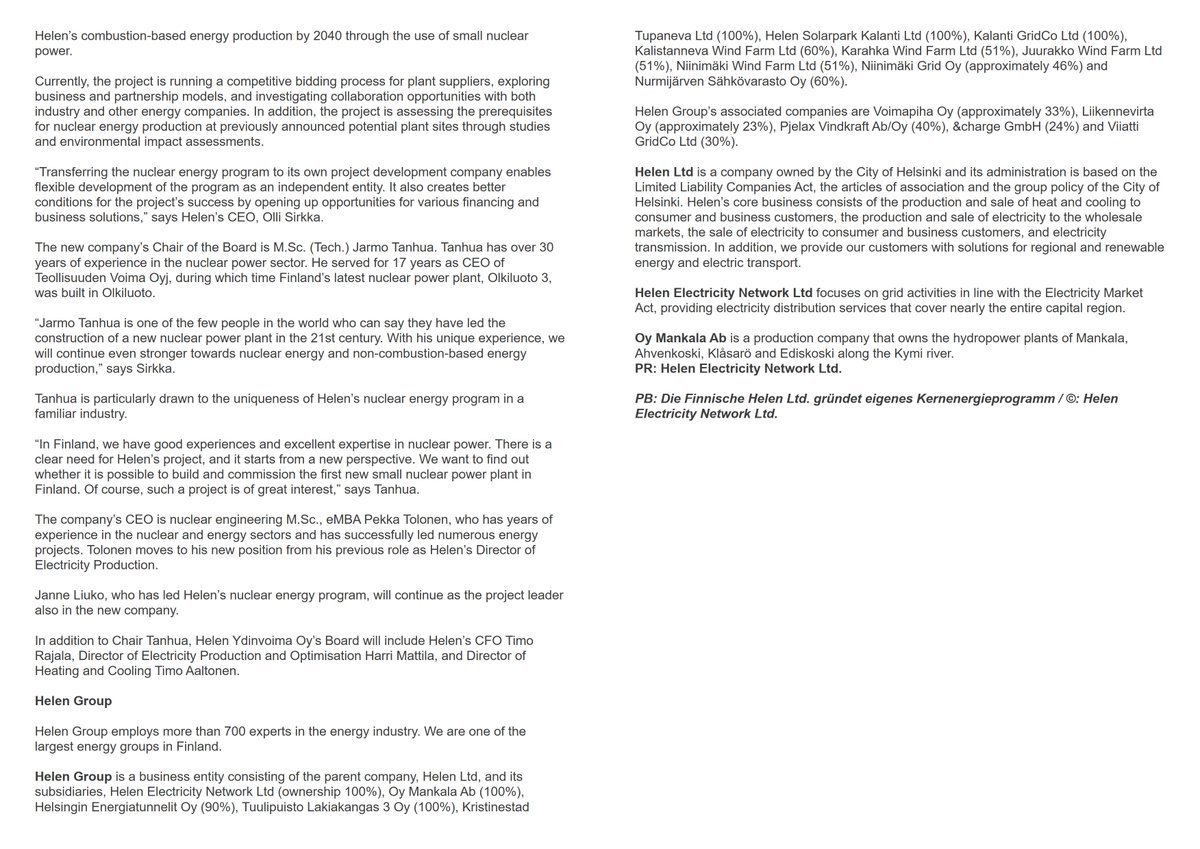 AnStra14's tweet image. 🇫🇮Finland / SMRs 

🚨Breaking: Helsinki's Helen launches Helen Ydinvoima Oy to accelerate ⚛️SMRs –  New firm will investigate potential of #nuclear power plants and prepare for investment decision for urban district heating. ❄️🔥
Finland's nuclear push continues!  #CleanHeat #SMR