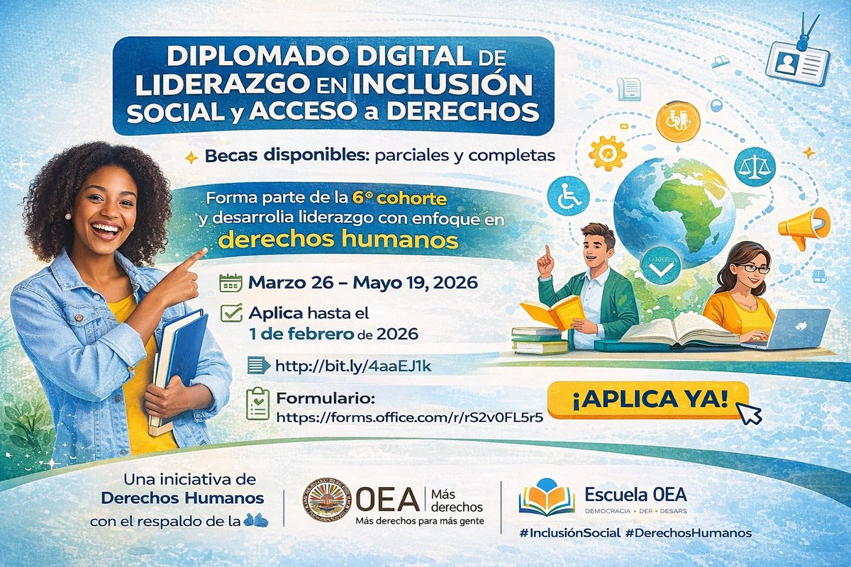 BibliDom's tweet photo. 🧵 DIPLOMADO + BECAS EN DERECHOS HUMANOS 🌍🎓
1️⃣
🚨 Liderar procesos de inclusión social con enfoque en DD.HH.

Ya está abierta la 6ª cohorte del Diplomado Digital de Liderazgo en Inclusión Social y Acceso a Derechos.
✨ Becas parciales y completas disponibles.
👇Sigue el hilo https://t.co/3rJv8ar327