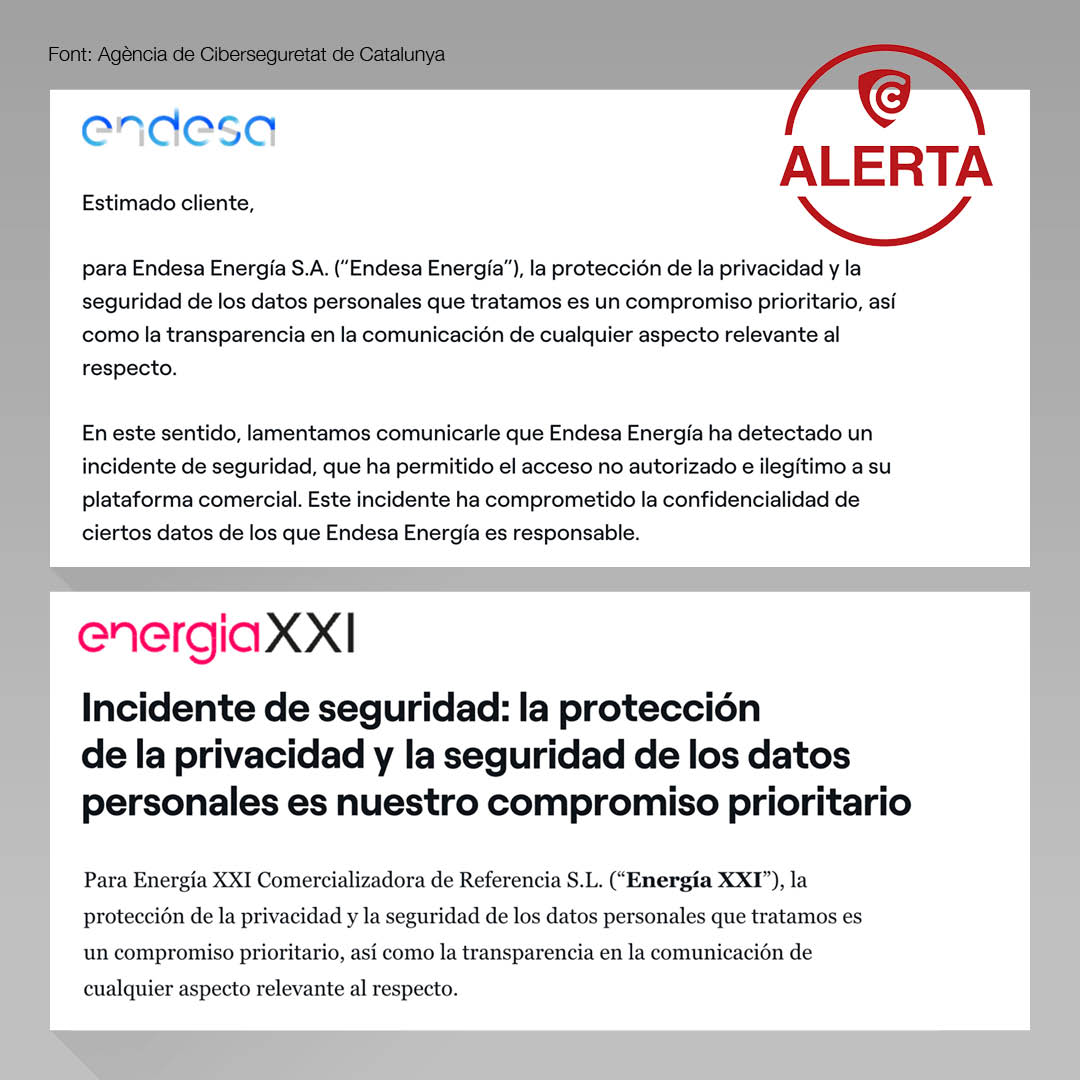 ⚠️Alerta! <a href="/Endesa/">endesa</a> i la seva comercialitzadora Energía XXI han detectat una filtració de #dades als seus sistemes informàtics que ha compromès informació personal dels seus clients.

‼️Durant els pròxims dies, és possible rebre trucades, missatges o correus que intentin suplantar