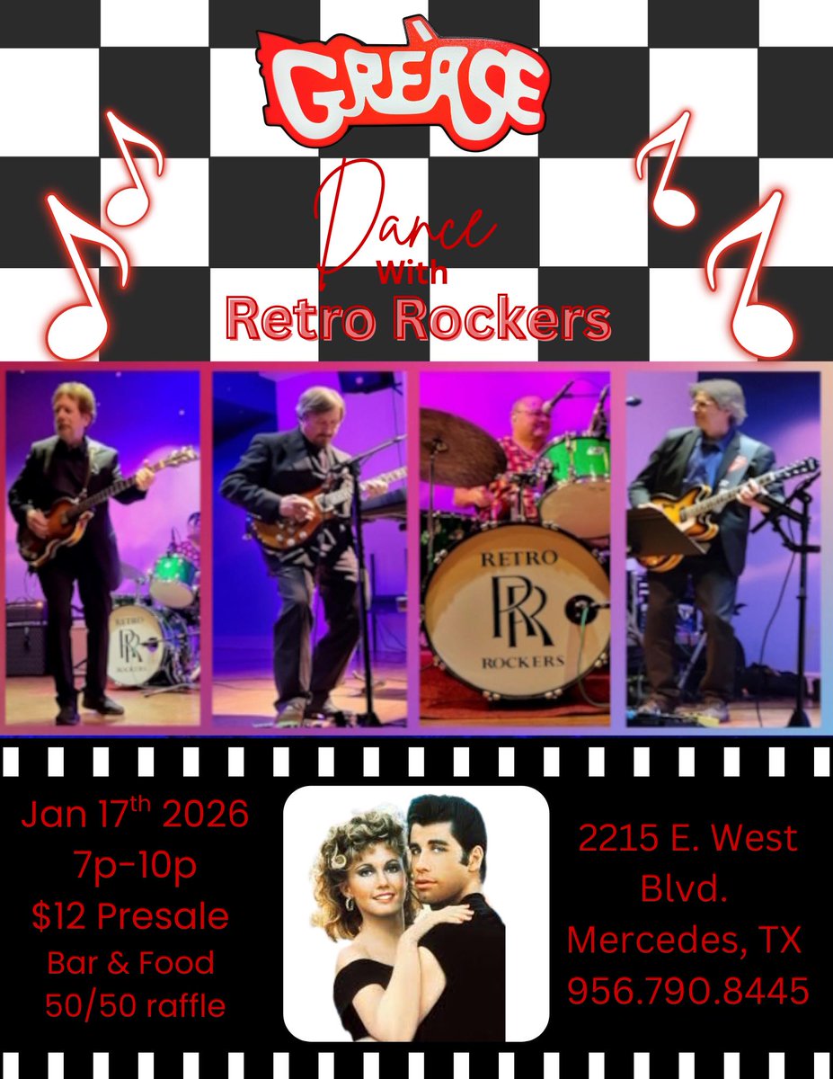 city_mercedes's tweet photo. Get ready to rock, roll, and dance the night away!
🎶 Grease Dance with Retro Rockers 🎶
🗓 Saturday, January 17th, 2026
🕖 7:00 PM – 10:00 PM
🎟 $12 Presale
🍔 Bar &amp; Food Available
🎟 50/50 Raffle
📍 2215 E. West Blvd., Mercedes, TX
📞 956.790.8445
https://t.co/E3JkPGiydz https://t.co/lrQXENiduu