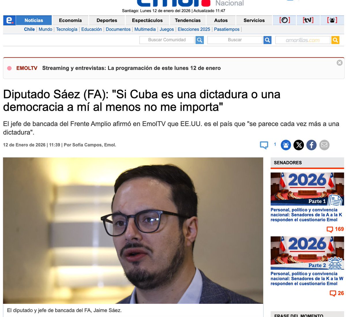 📍Frente a la defensa de la democracia y los DD.HH. el doble estándar el Frente Amplio de <a href="/GabrielBoric/">Gabriel Boric Font</a> no tiene límites.
Diputado y Jefe de bancada del Frente Amplio, <a href="/JaimeSaezQuiroz/">Jaime Sáez Diputado</a>: "Si Cuba es una dictadura o una democracia a mí al menos no me importa". FIN