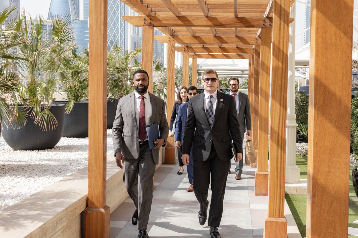 EconAtState's tweet photo. In Doha, @UnderSecE  Helberg is working with Qatari leaders to deepen economic security coordination, advance AI and digital infrastructure, and strengthen supply chains for critical minerals. The 🇺🇸-🇶🇦 are building on a strong commercial partnership to drive innovation, energy security, and mutual prosperity.