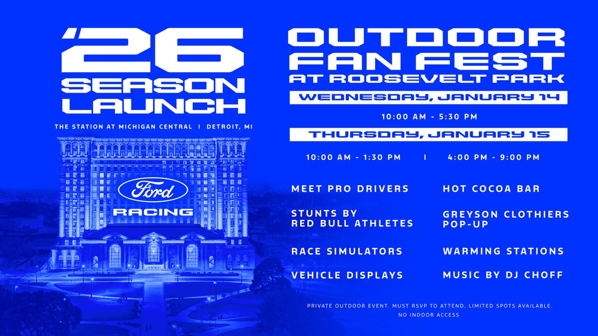 FordRacing's tweet photo. Think the action starts at the door? For the 2026 Season Launch, the fun begins on the front lawn.

We're hosting an Outdoor Fan Fest at Roosevelt Park on January 14th and 15th. Get your name on the list here: https://t.co/hJ8vz9GF8r

(RSVP required to attend) https://t.co/jOrWwuZEQ9