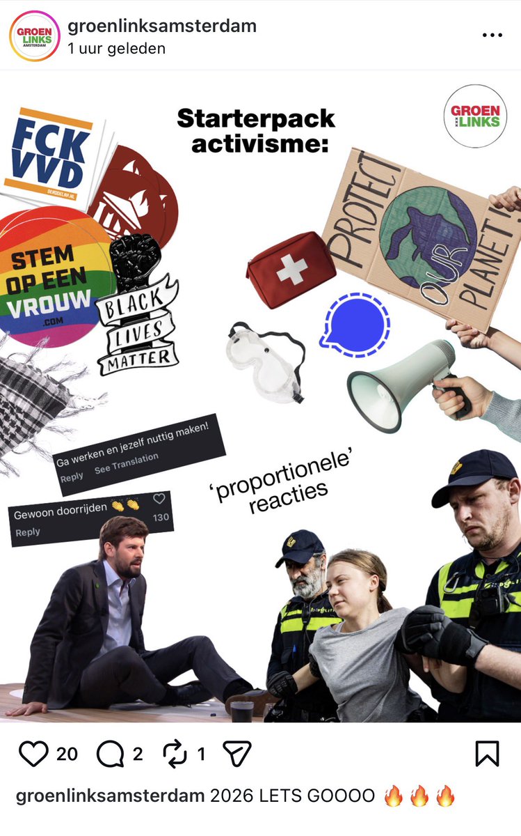 De politie zorgt voor onze veiligheid. Ook voor die van jullie <a href="/GroenLinks020/">GroenLinks Amsterdam</a>.

Dan ga je die niet flauw shamen op Instagram. 

(Om die ‘FCK VVD’ sticker kan ik prima lachen)