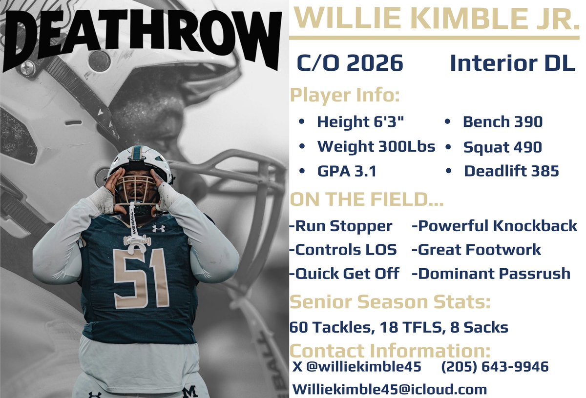 ‘26 DT <a href="/williekimble45/">Willie kimble jr</a> Looking for a place to call home!

Leader on and off the field, always getting extra work in any chance he can, and proven winner!

Hudl: hudl.com/profile/179261…

Coaches get at him!

<a href="/jakeganus/">Jake Ganus</a> <a href="/CoachJBG3/">Coach J. Gaines III</a> <a href="/CoachCampbell45/">Brandon Campbell</a> <a href="/AL_Recruiting/">AL Recruiting</a> <a href="/DownSouthFb1/">Down South</a>