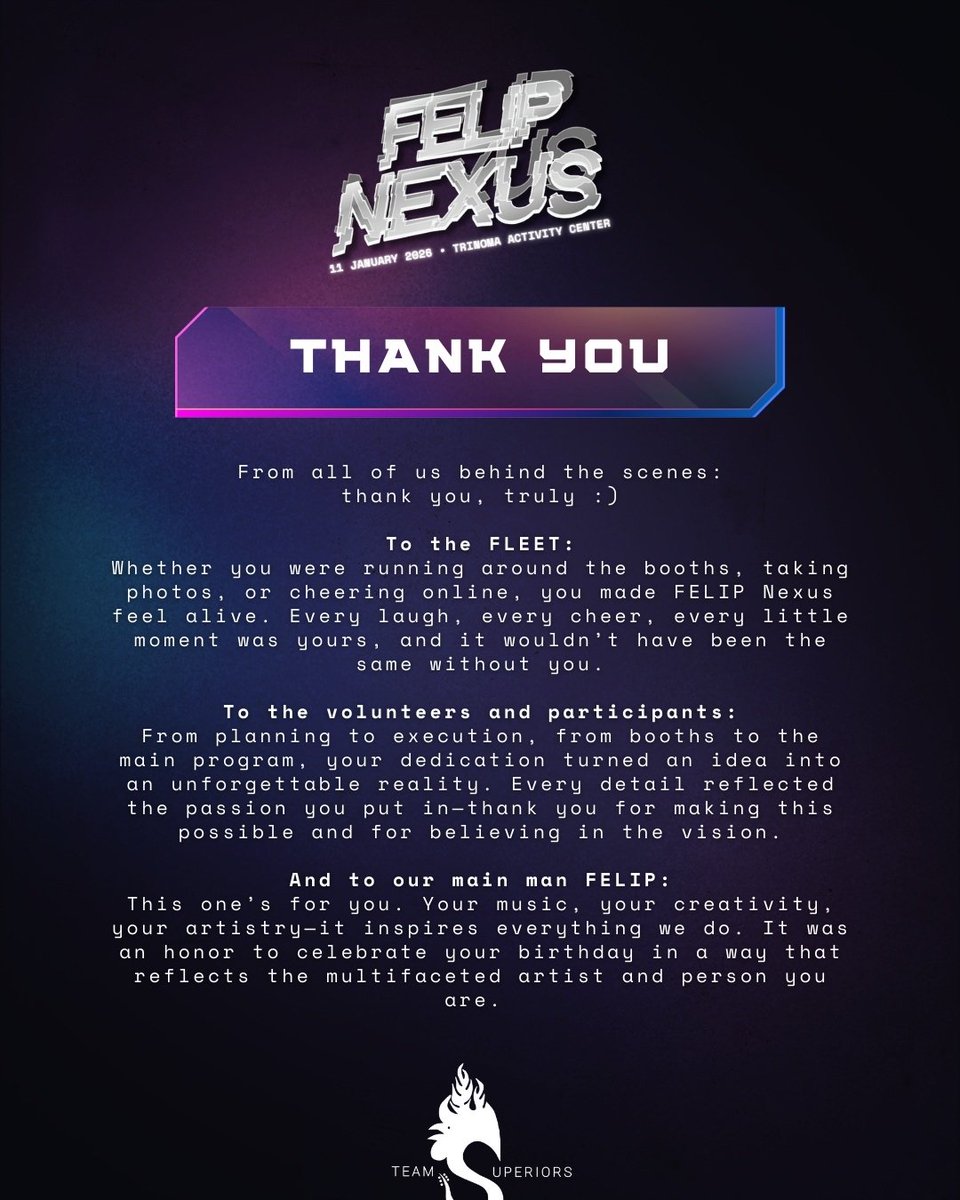 [THANK YOU THREAD]

From every corner of the FLEET, you showed up. Thanks to everyone who made #FELIPNexus a celebration to remember—and to <a href="/felipsuperior/">FELIP</a> for inspiring it all ✨️

#FELIP #SB19_KEN

(1/5)