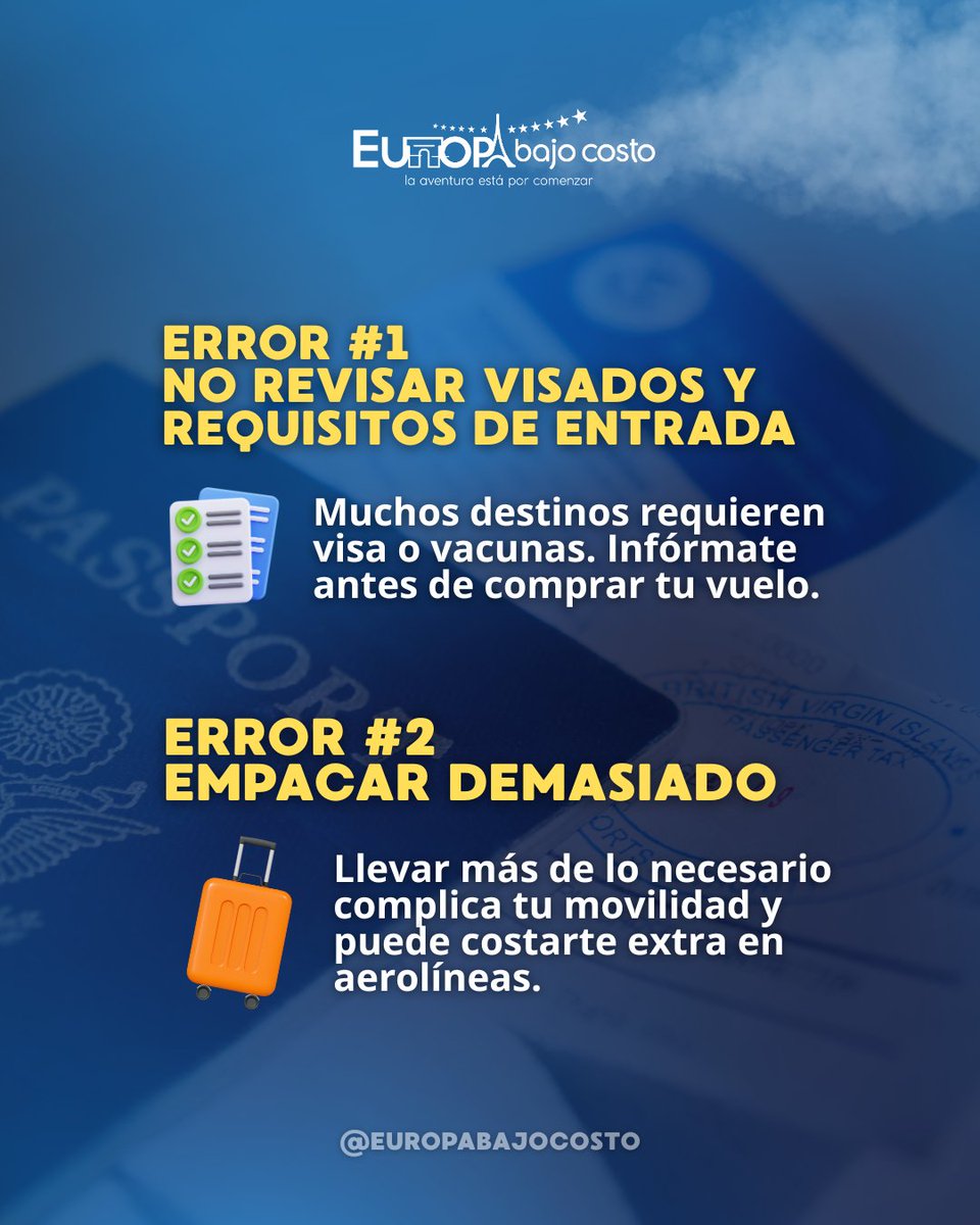 EuropaBajoCosto's tweet image. ✈️🌍 Viajar es increíble, pero hay errores que pueden arruinar tu aventura. Descubre en este carrusel los 5 fallos más comunes y cómo evitarlos para disfrutar sin preocupaciones. 

👉 Guarda y comparte con tu compañero de viaje 🌟

#Viajar #TipsDeViaje #ConsejosDeViaje