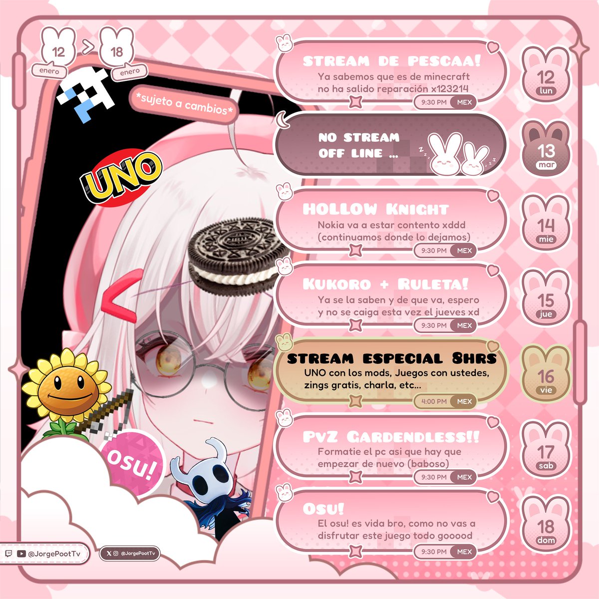 【HORARIO DE LA SEMANA】| 12/Ene. - 18/Ene.

Aquí esta el horario de la semana y regresamos con un especial esta semana después de mucho tiempo en su versión extendida.

🥀youtube.com/@JorgePootTv 
🥀twitch.tv/jorgepoottv
🥀tiktok.com/@jorgepoottv

#VtuberES #JorgePootTv #Anime