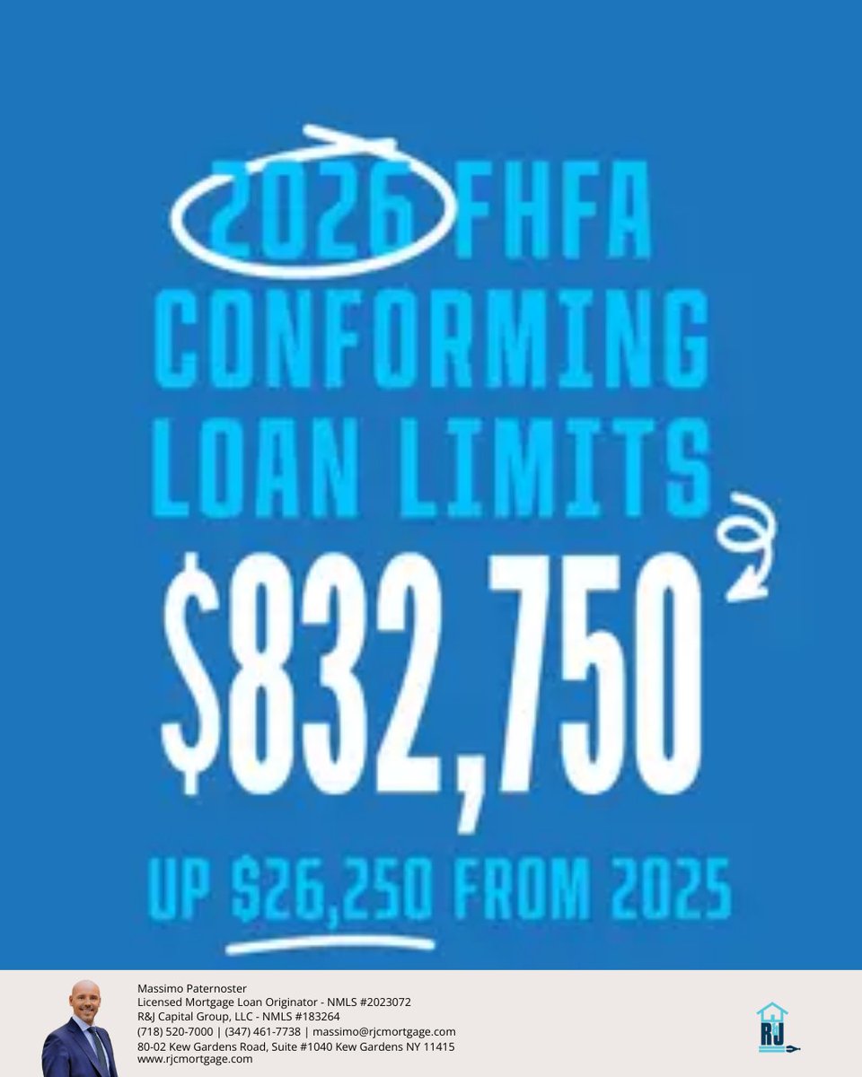mponweb's tweet photo. 📈 The FHFA has announced new conforming loan limits for 2026. In most U.S. areas, the cap for 1-unit properties will rise to $832,750, up $26,250 from 2025. Let’s discuss how these higher limits can help your buyers.
#MortgageUpdates https://t.co/dzo0JbyhhE
