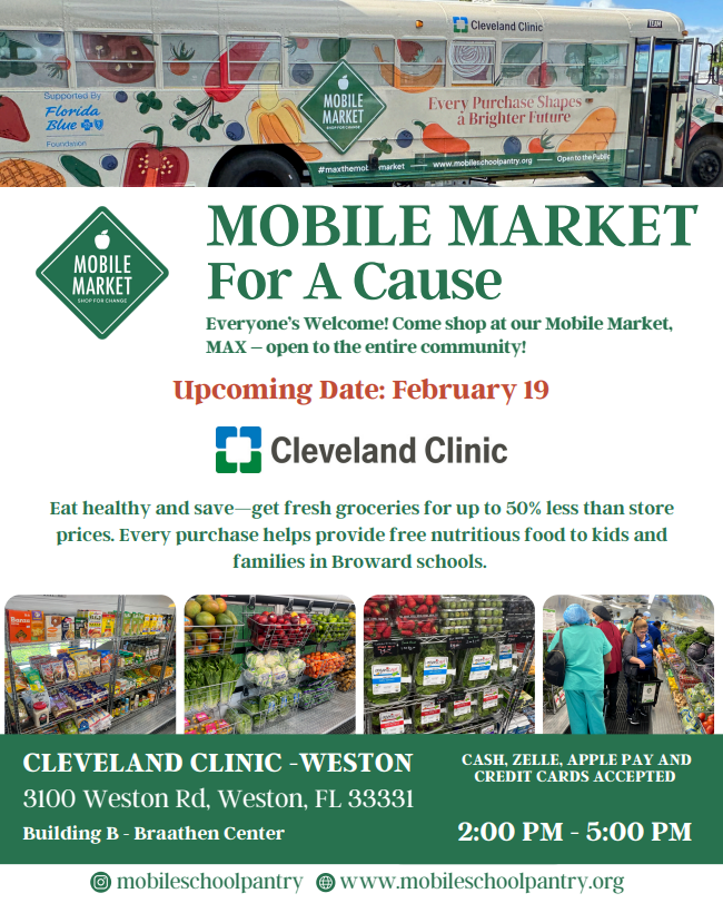 CleveClinicFL's tweet image. 📆 Join us Feb. 19 at the Mobile Market 🛒

Get fresh groceries for up to 50% off, and every purchase helps provide free, nutritious food to kids and families in #Broward schools.

❤️Shop and give back!