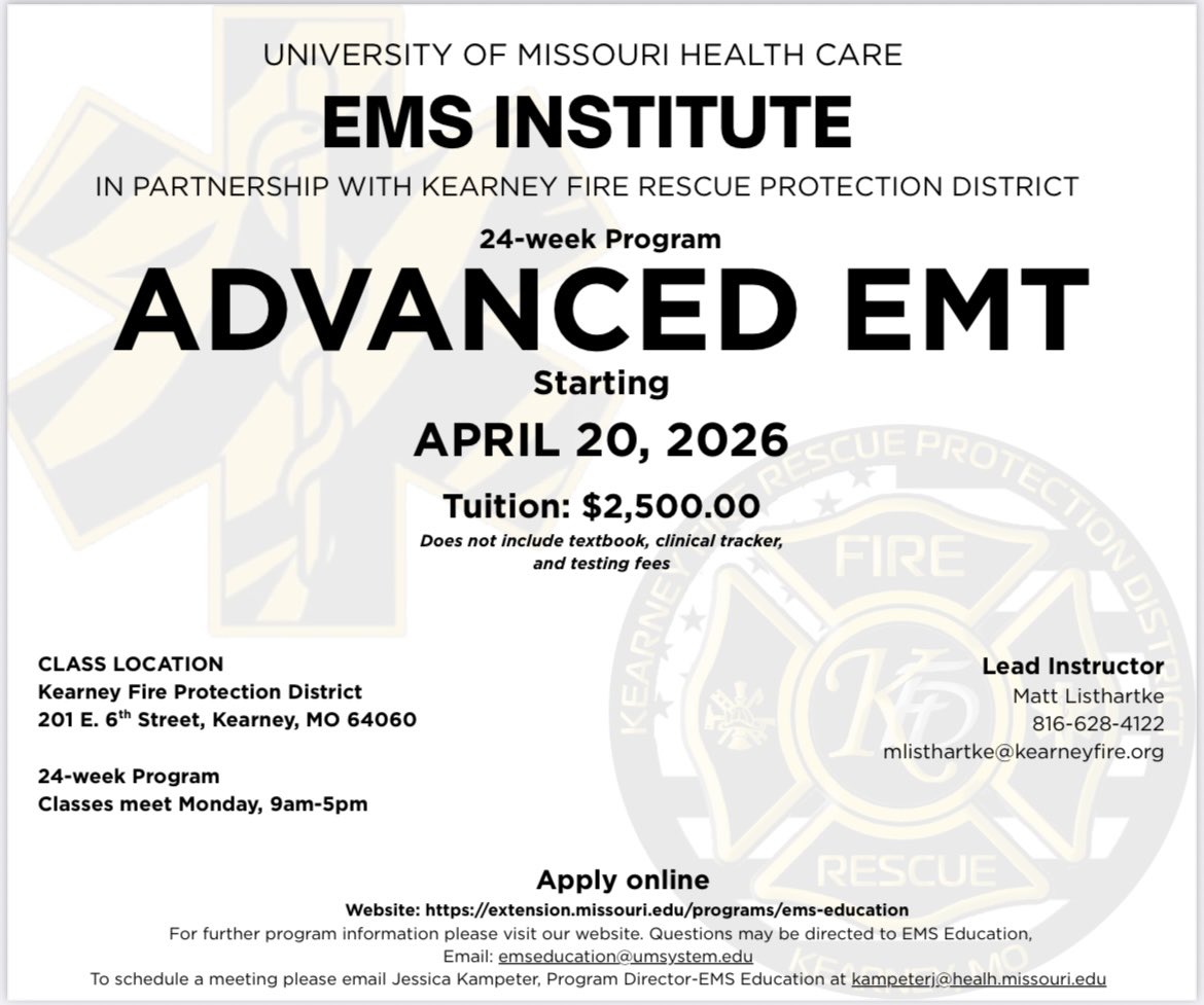 For EMTs wishing to Advance their career, our next program will be starting in April. Please see the flyer below or visit the website link for more information. 

extension.missouri.edu/programs/ems-e…