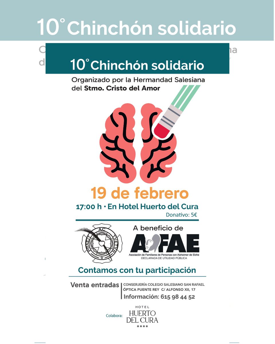 💌 10° Chinchón Solidario. 
Organizado por <a href="/xtodelamor/">Cristo del Amor Elx</a>

📍@hotelhuertodelcura

🗓️19 febrero 2026

🕛 17:00

🎁 A beneficio de @afaelche

ℹ️ Más info 615984452

🎟️ Venta de entradas. 
Conserjería Colegio Salesianos San Rafael. 
Óptica Puente Rey C/ Alfonso XIII, 17