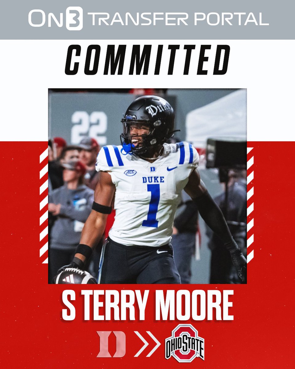 TransferPortal's tweet image. BREAKING: Duke transfer safety Terry Moore has committed to Ohio State, @Hayesfawcett3 reports🌰

on3.com/transfer-porta…