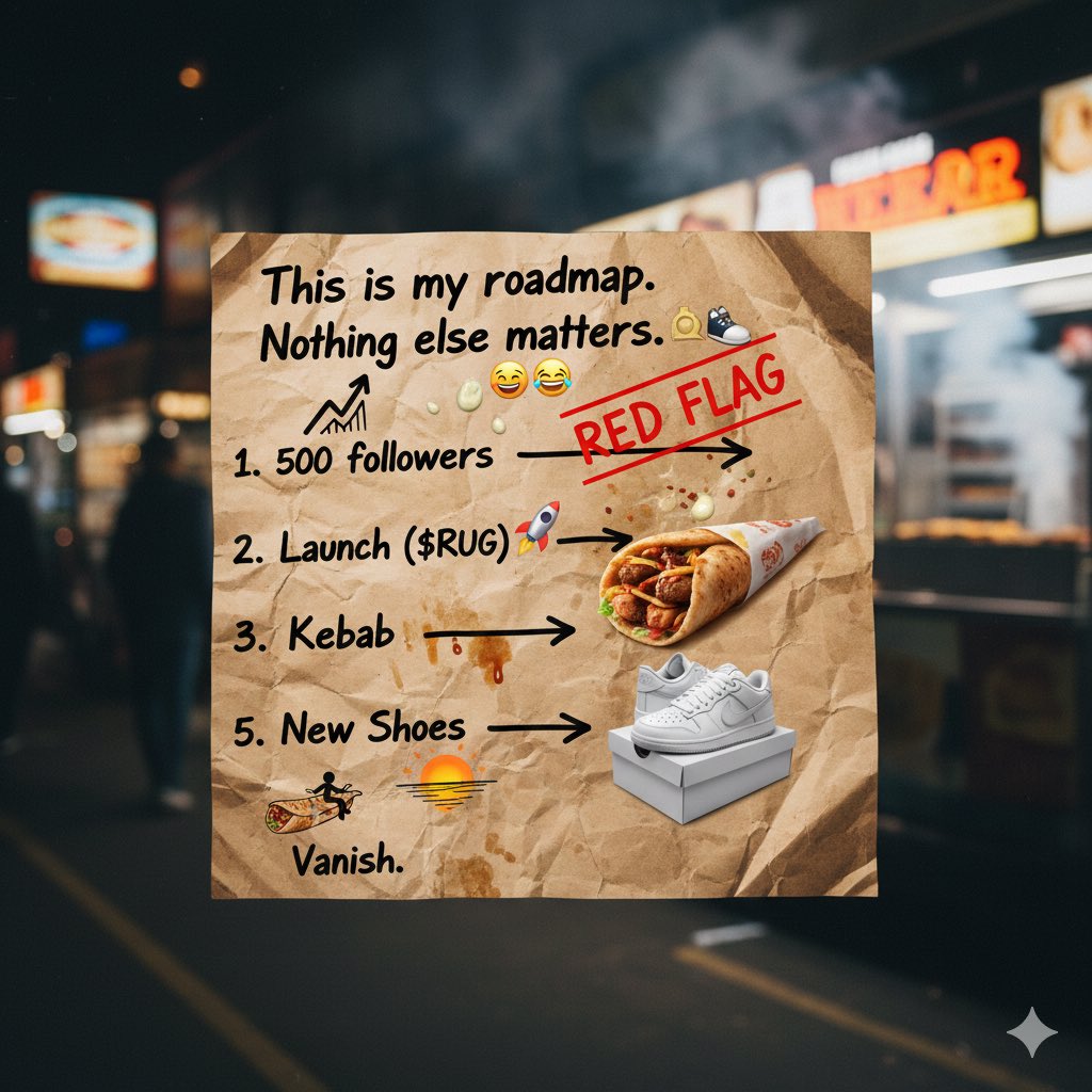 DevRug59180's tweet photo. This is my roadmap. Nothing else matters. 🥙👟

500 followers = The Launch. After that? Only the kebab guy knows. 🚩

#Solana #KebabGang #PumpFun #HonestRug https://t.co/xeaqLBNYUQ